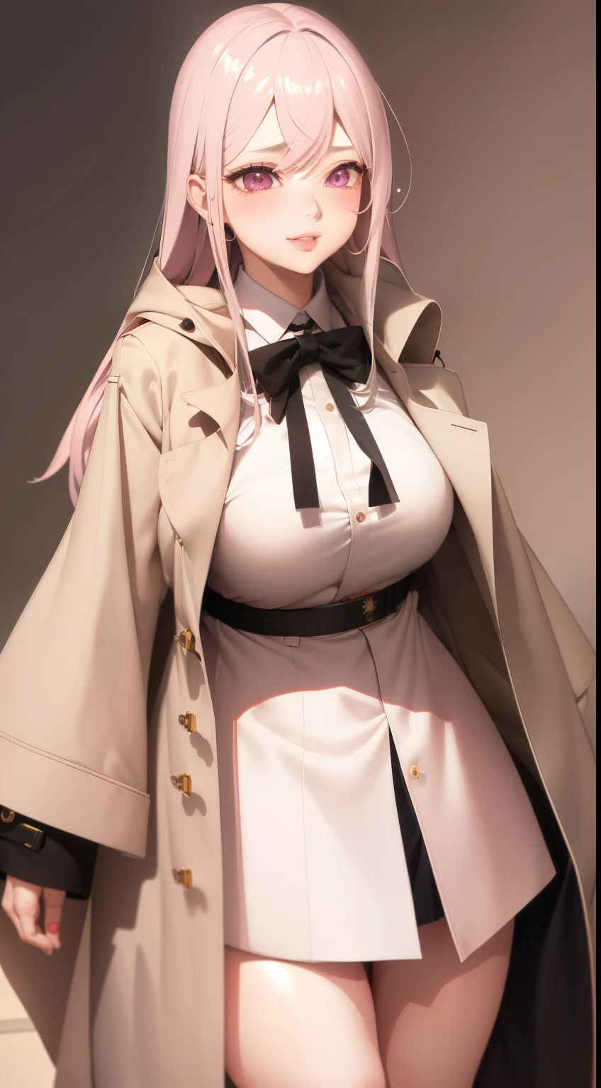 1girl,,,hetero,,(Paizuri:1.4),,(facial:1.3),,Censored,,Long , gray hair , pink eyes ( blusher),鎖骨 , Dressed , ( cloak, beige trench coat , white  shirt , Long , black skirt ) in full height , Detailed face , hiquality , endearing smile , Fat , lips , style anime