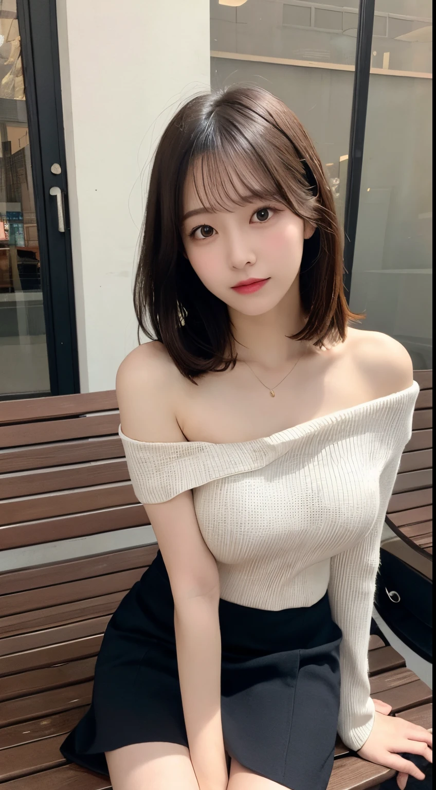 finely detail, hight resolution, hightquality、Perfect dynamic composition, Beautiful detailed eyes, Medium Hair, small tits、Natural Color Lip,Kamimei、Shibuya、20 years girl、1 persons、Transparent skin、Glowing hair、masutepiece, Best Quality, Ultra-detailed, finely detail, hight resolution, 8K、The correct state of the human body、Gravure Model Pose,Photographed with hair fluttering in the wind,The whole body is reflected((nature cafe background)),((Colossal tits:1.3)),((I can see the cleavage:1.5,large off-shoulder knit sweater:1.5,My clothes are off and my shoulders are visible,Without shoulder straps,Small pleated skirt)),((Squat with your knees bent,thigh visible)),((Angle seen from below))