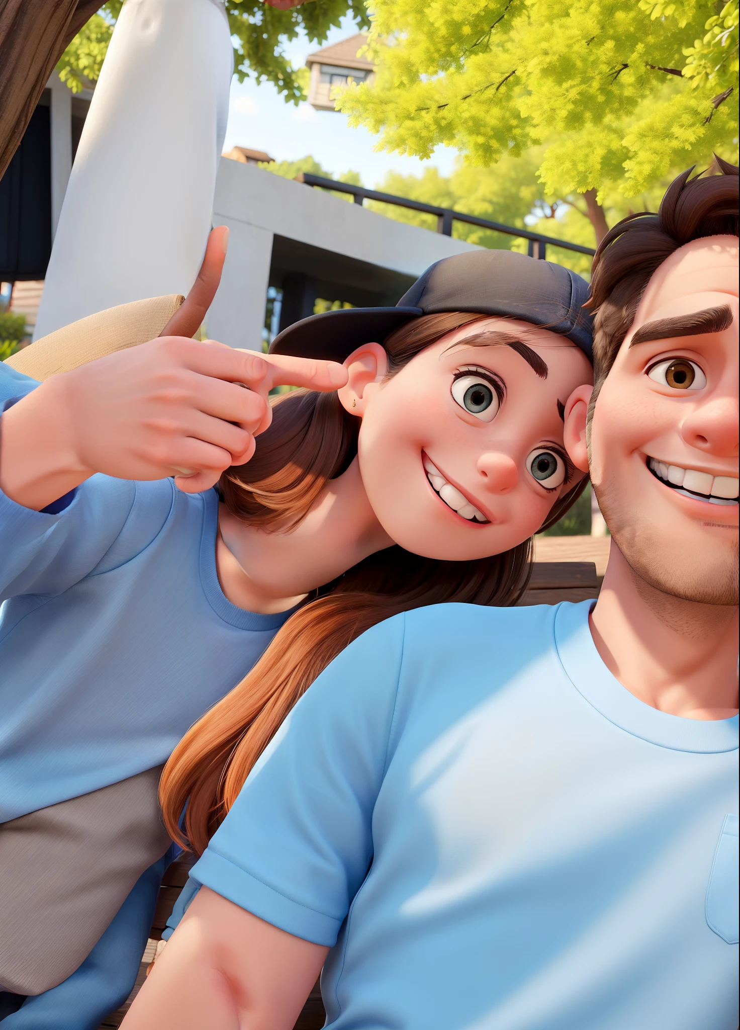 masterpiece, best quality, a 23 years young couple sitting on a bench the guy is wearing a blue tshirt and taking a selfie. The girl is wearing a black cap in the opposite way and a grey tshirt with buttons which is looks like brown she is biting her lower lip and doing swag sign with her hand while smiling