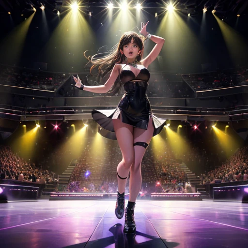 K-pop idols performing on stage, back view from down, black short tight dresses, song performance, Kpop girl group, riotous atmosphere, stage above the hall, (best quality, 8k, 16k, highres, masterpiece:1.2), ultra-detailed, (realistic, photorealistic, photo-realistic:1.37), professional, (music:1.1, performance:1.1), dynamic lighting, (moving lights:1.1, spotlights:1.1), energetic performance, powerful vocals, enthusiastic audience, dazzling stage effects, high-energy atmosphere, (excitement, adrenaline:1.1), charismatic lead vocalist, flawless stage presence, passionate performance, vibrant stage background, (cheering audience:1.1, waving light sticks:1.1), electrifying atmosphere, captivating stage presence, (explosive, high-intensity:1.1), (pop music, catchy melodies:1.1), crowd interaction, (empowering lyrics, motivational messages:1.1).