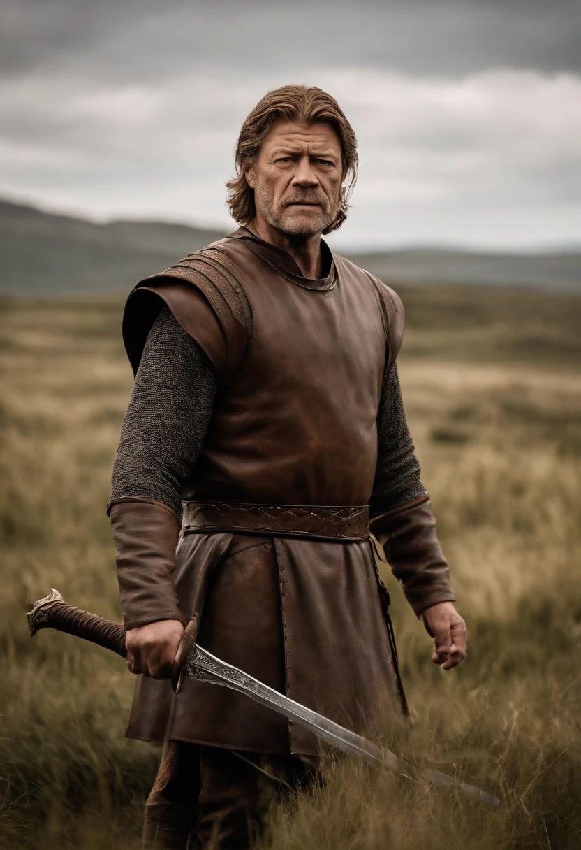 A photo of Ned standing in a field, holding a beautifully handcrafted sword,Game of Thrones TV series,Ned is an older man with light brown hair streaked with grey, wears plain leather tunics, famously portrayed by Sean Bean