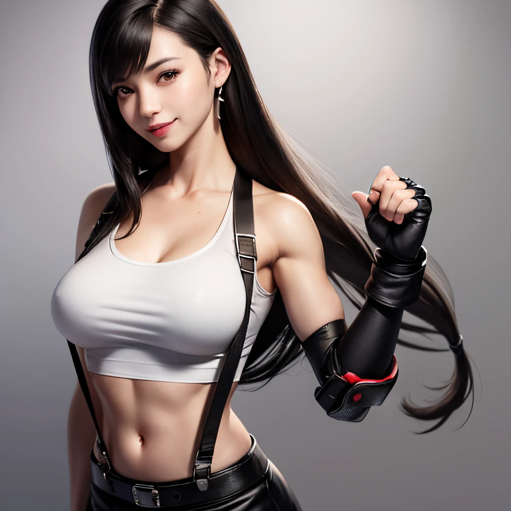 highres, sharp focus, pixiv, masterpiece, ((intricate details)), highly detailed, best quality, defTifa, white crop top, elbow pad, fingerless gloves, suspenders, pencil skirt, looking at viewer, smile