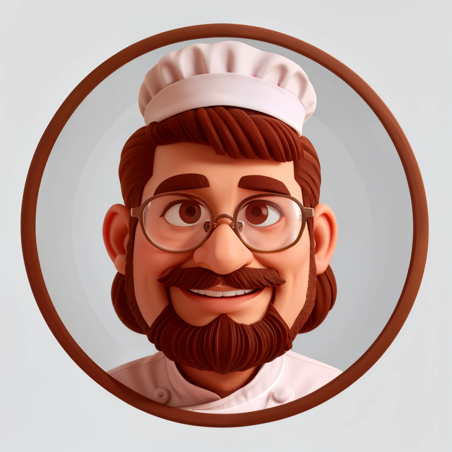 cartoon image of a man with a short beard and a chef&#39;s hat, sem bigode, chef feliz, official illustration, cor marrom, illustration, melhor chef, logotipo redondo "Padaria Amorim" reference in the image, Estilo Pixar, good monochrome viewing; homem de pele escura, 36 anos no centro, wears glasses, boca grande, square glasses, barba curta, sem bigode, cabelo preto cortado, wearing chef hat and dome, sorrindo com os olhos, grande sorriso, nariz pequeno e redondo, barely visible ears, imagem de fundo com paisagem montanhas Belo Horizonte/MG