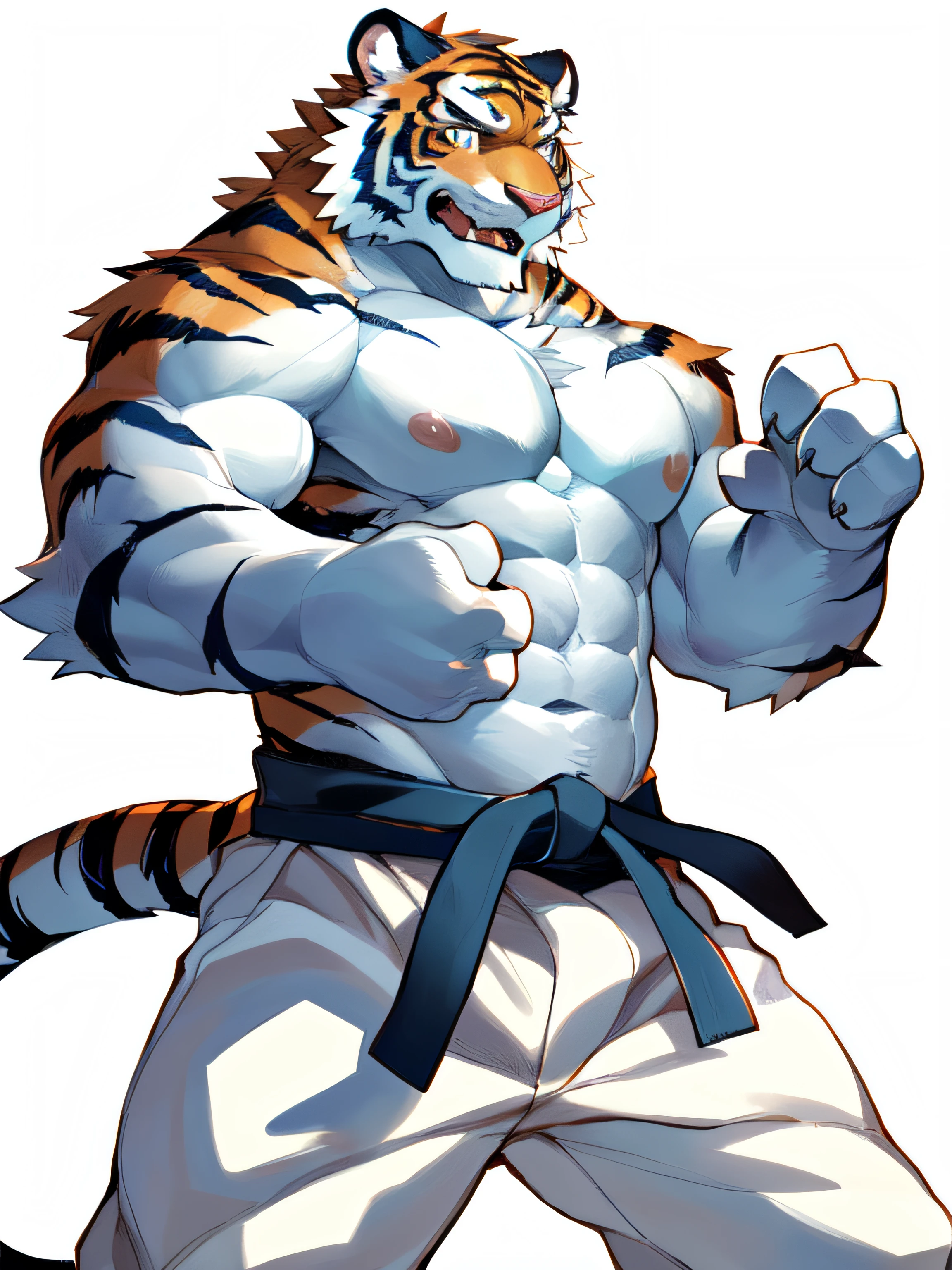 Hominidae, Pose for Camera. 4K, high resolution, Best quality, posted on e621, (An anthropomorphic white tiger:1.2), Anthropomorphic white tiger, male people, 20yr old, Thick eyebrows, Light blue stripes, Ultra-short hair, shaggy, Strong body, large pecs, ((Shirtless)), He is practicing taekwondo, Pink milk clusters, sweat leggs, White leggings sweatpants, Small raised, In the gym, 独奏,  (sport, Muscular, Heavyweight:1.2), Correct anatomy, (White background, Watercolor background:1.1), (by Chunie, author：Taran Fidler:0.8), (Detailed eyes:1.2), Sexy, (cel-shaded:1.2), cartoon shading, (aquarelle:1.2), serious expressions, Be red in the face, (view the viewer:1.2)