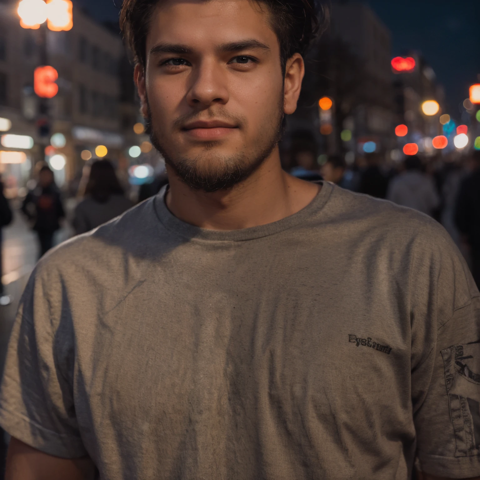 RAW photo, a portrait photo of 25 y.o man in casual clothes, night, city street, (high detailed skin:1.2), 8k uhd, dslr, soft lighting, high quality, film grain, Fujifilm XT3