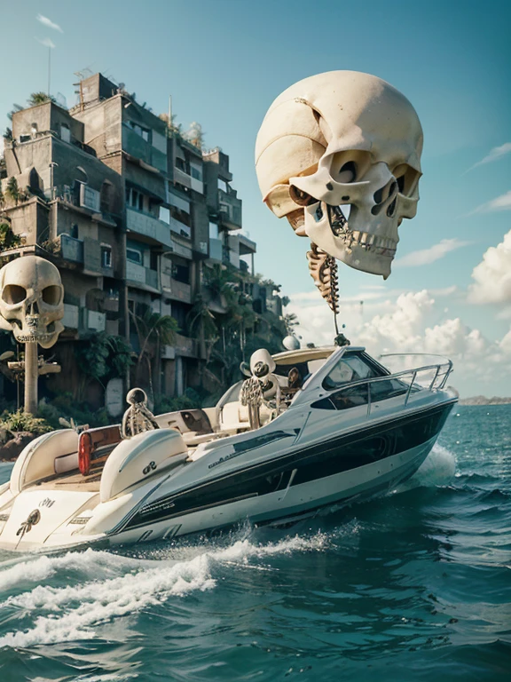 surreal character rider mickey mouse with (((skeleton skull Expressive drama open mouth.! ))) an intricate ivory-colored bone skull on green military color(modern speedboat with two high-power outboard motors) incredible view of the jungle around from the water a perspective view with impressive speed effect, illustration, photorealism