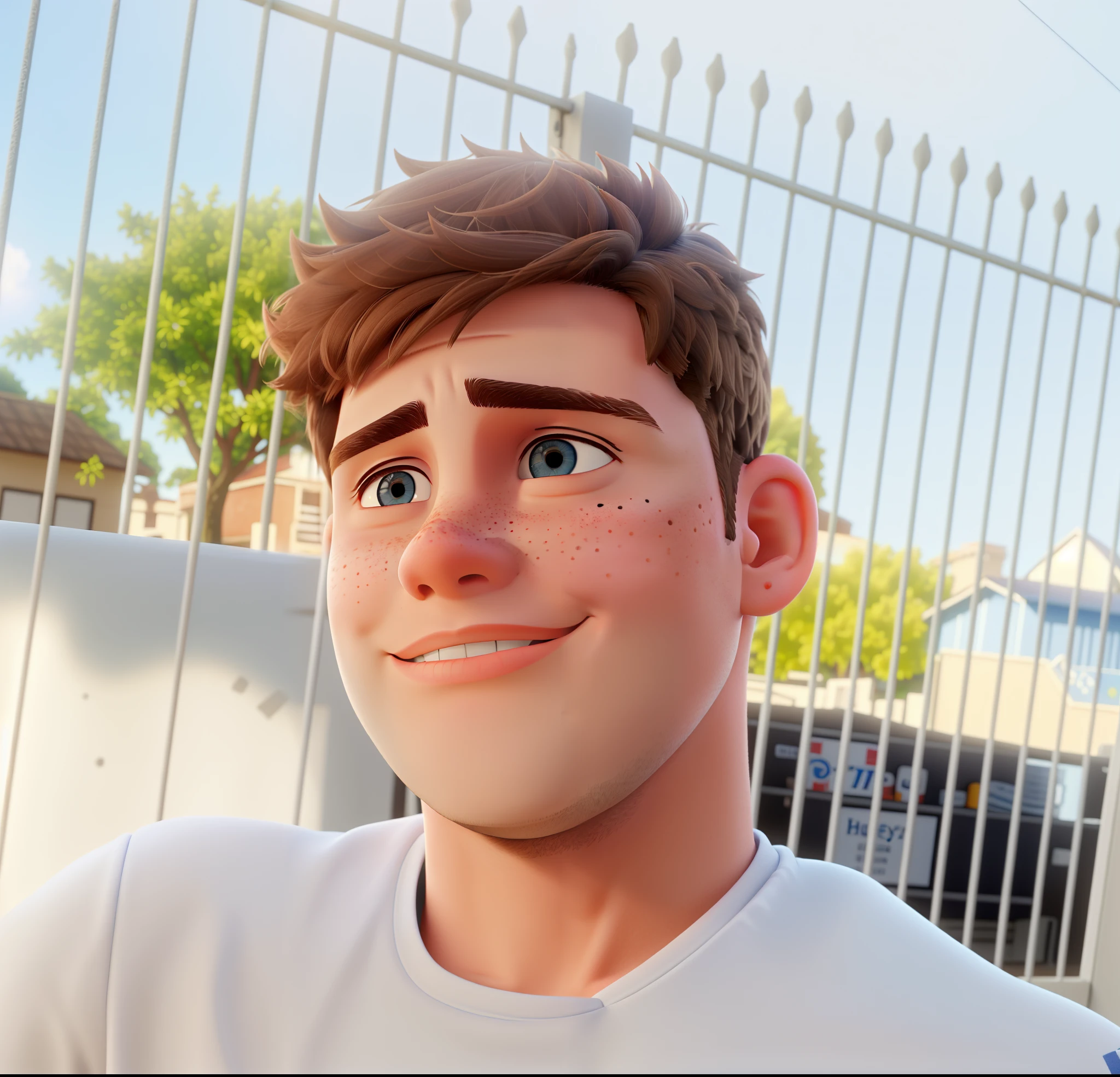 a 19-year-old white man with dark brown hair, blue eyes, a little chubby with a few freckles on his cheek, smiling face and looking close to the camera, alta qualidade, melhor qualidade