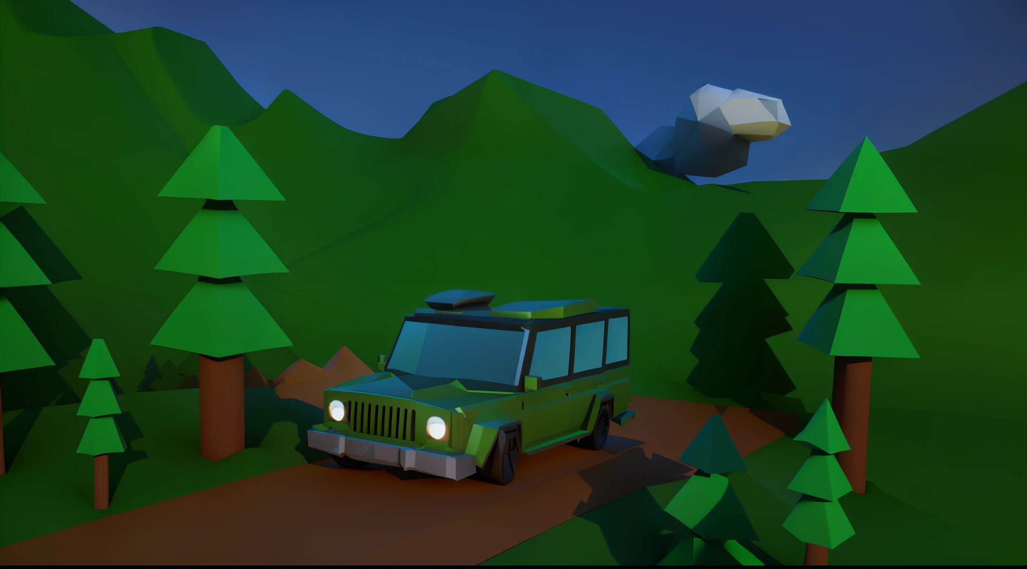 There's a cartoon car driving down a road in the woods, stylized as a 3d rendering, a low poly rendering, nuvens, bryce 3 d estilo, lowpoly, low poly rendering, 3d rendering stylized, Baixo - modelo Poly 3D, low poly 3 d render, Jeep no fundo, Modelagem Ultra Low Poly, 3d low poly render, modelo low poly
