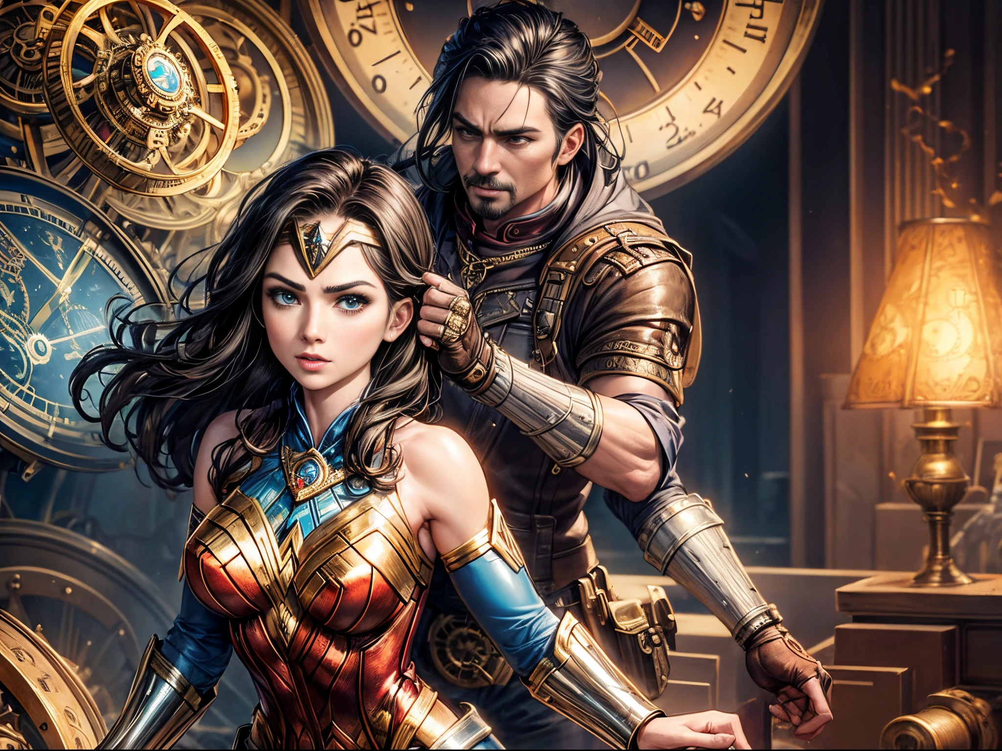 Transform Wonder Woman into a steampunk adventurer, donned in intricate gears and brass, navigating a world where time is a finely tuned mechanism.