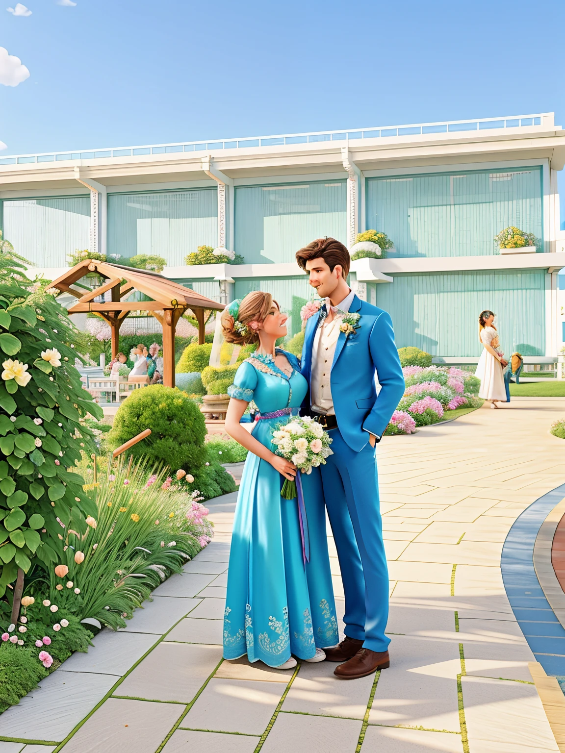 there is a man and woman standing next to each other in a garden, lovely couple, photo taken in 2 0 2 0, look at the details, facebook post, 🤬 🤮 💕 🎀, at the terrace, blue colored traditional wear, wedding, edited, photoshoot, acclaimed masterpiece, at the waterside, majestic masterpiece, photography, wedding photo, thought provoking