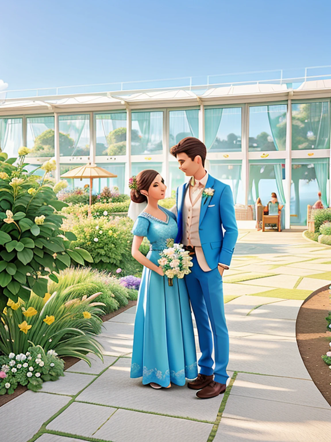 there is a man and woman standing next to each other in a garden, lovely couple, photo taken in 2 0 2 0, look at the details, facebook post, 🤬 🤮 💕 🎀, at the terrace, blue colored traditional wear, wedding, edited, photoshoot, acclaimed masterpiece, at the waterside, majestic masterpiece, photography, wedding photo, thought provoking