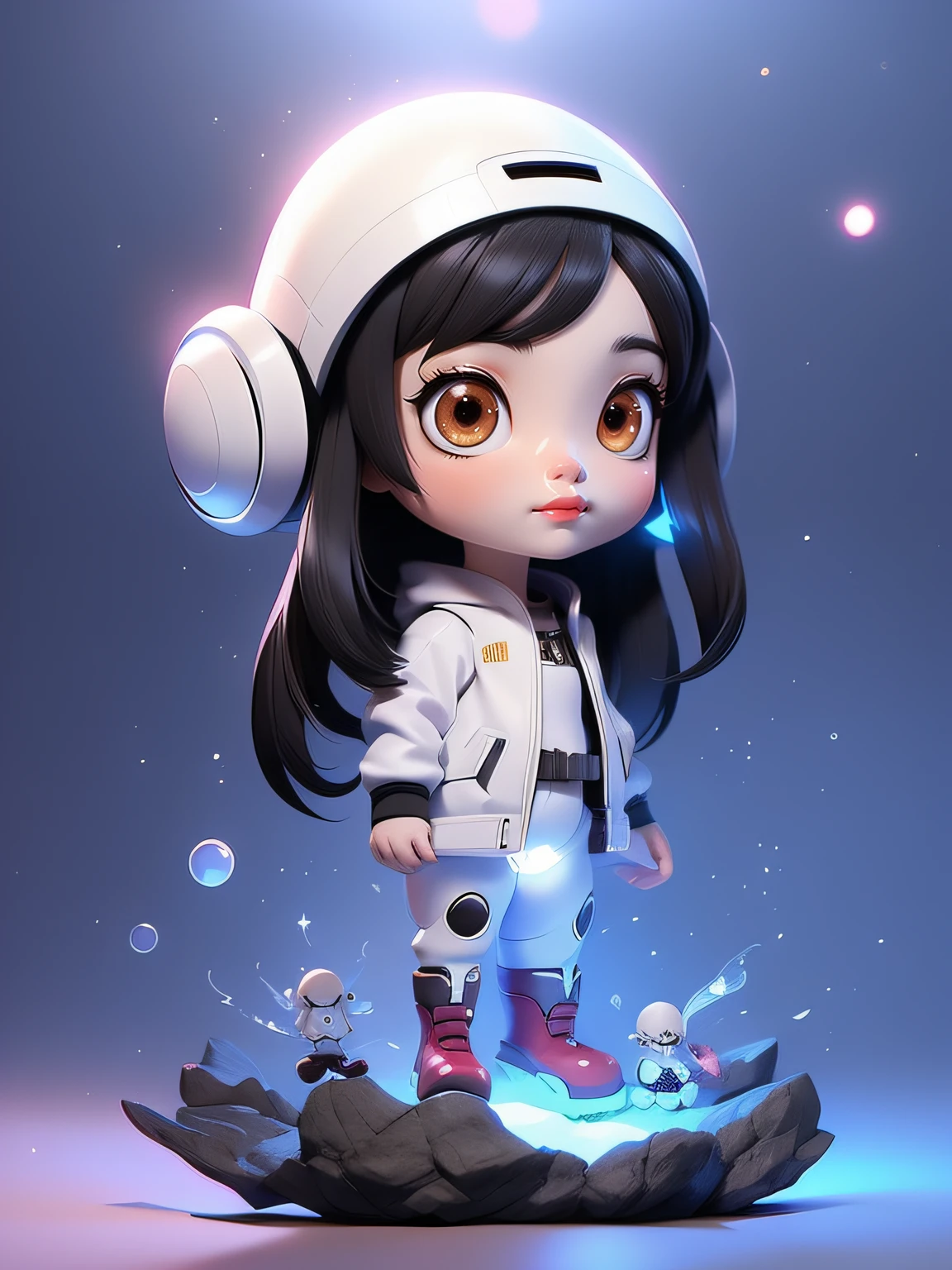 fully body photo，beautiful female alien，Small and cute，Wearing black and white mechs ，Big cute eyes，Dreamy glow，ren，White background，globalillumination，Ray traching，nffsw，Rendering is not realistic，Reasonable design，high detal，tmasterpiece，best qualtiy，hyper HD，cinmatic lighting），Translucent ether aliens