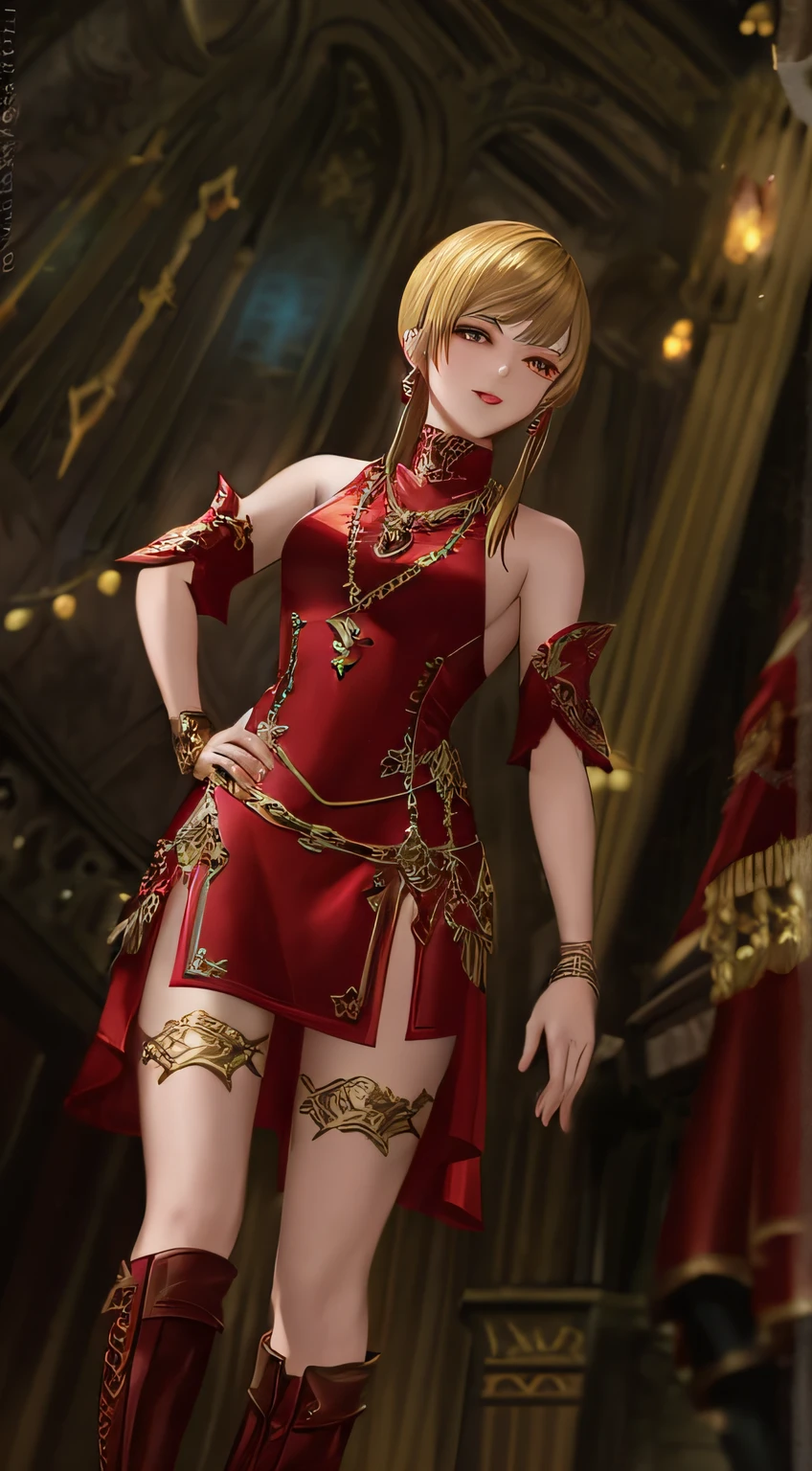 Close-up of a woman in a red dress and boots, fantasy outfit, final fantasy 14 style, wearing gilded ribes, jrpg fashion, tranding on pxiv, fashionable rpg clothing, wearing fantasy formal clothing, ornately dressed, alluring mesmer woman, wearing an ornate outfit, Peacock mage themed clothing