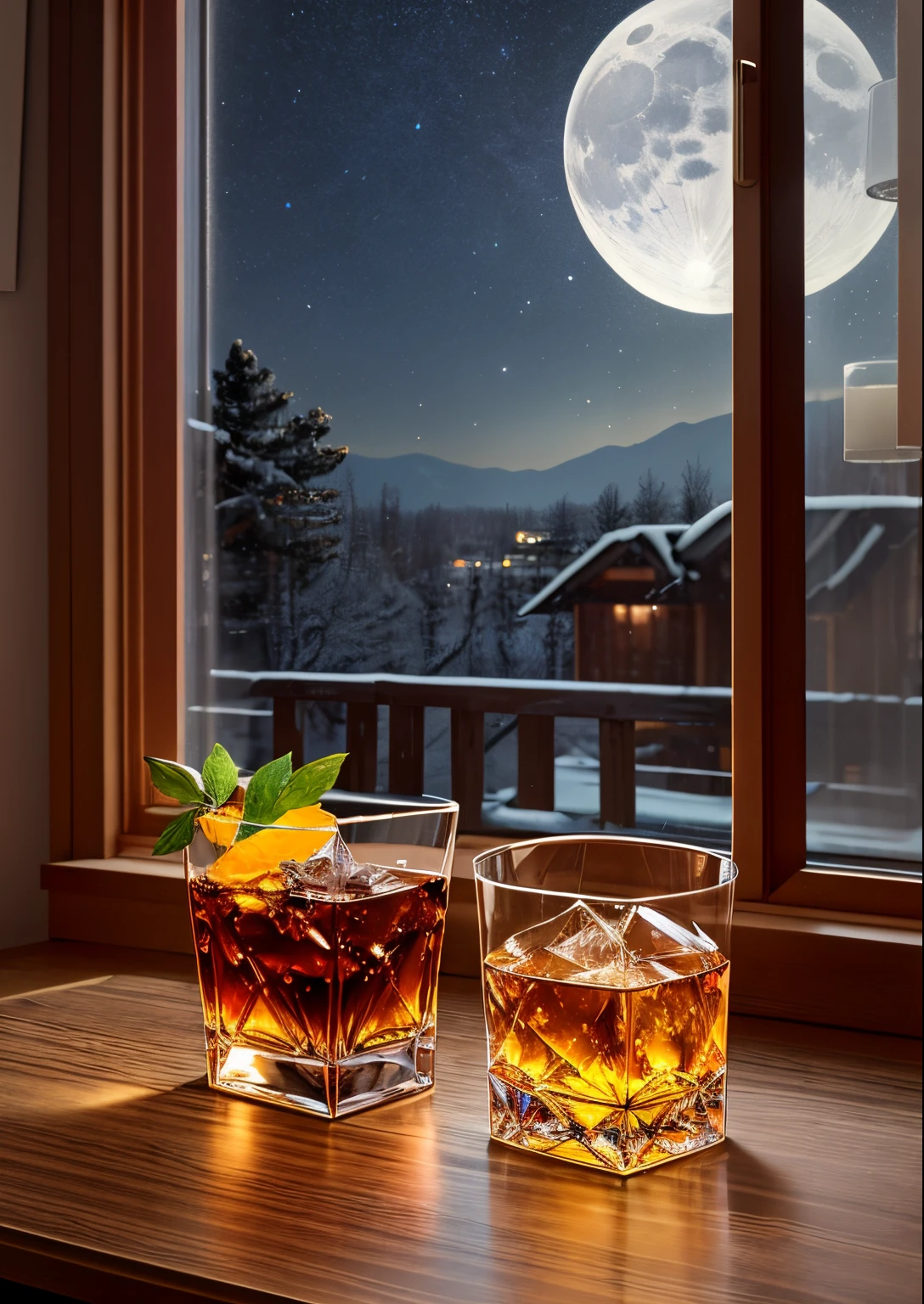 high-level image quality、Inorganic、whiskey、1 glass、icy、Wooden Desk、moonlight、Window