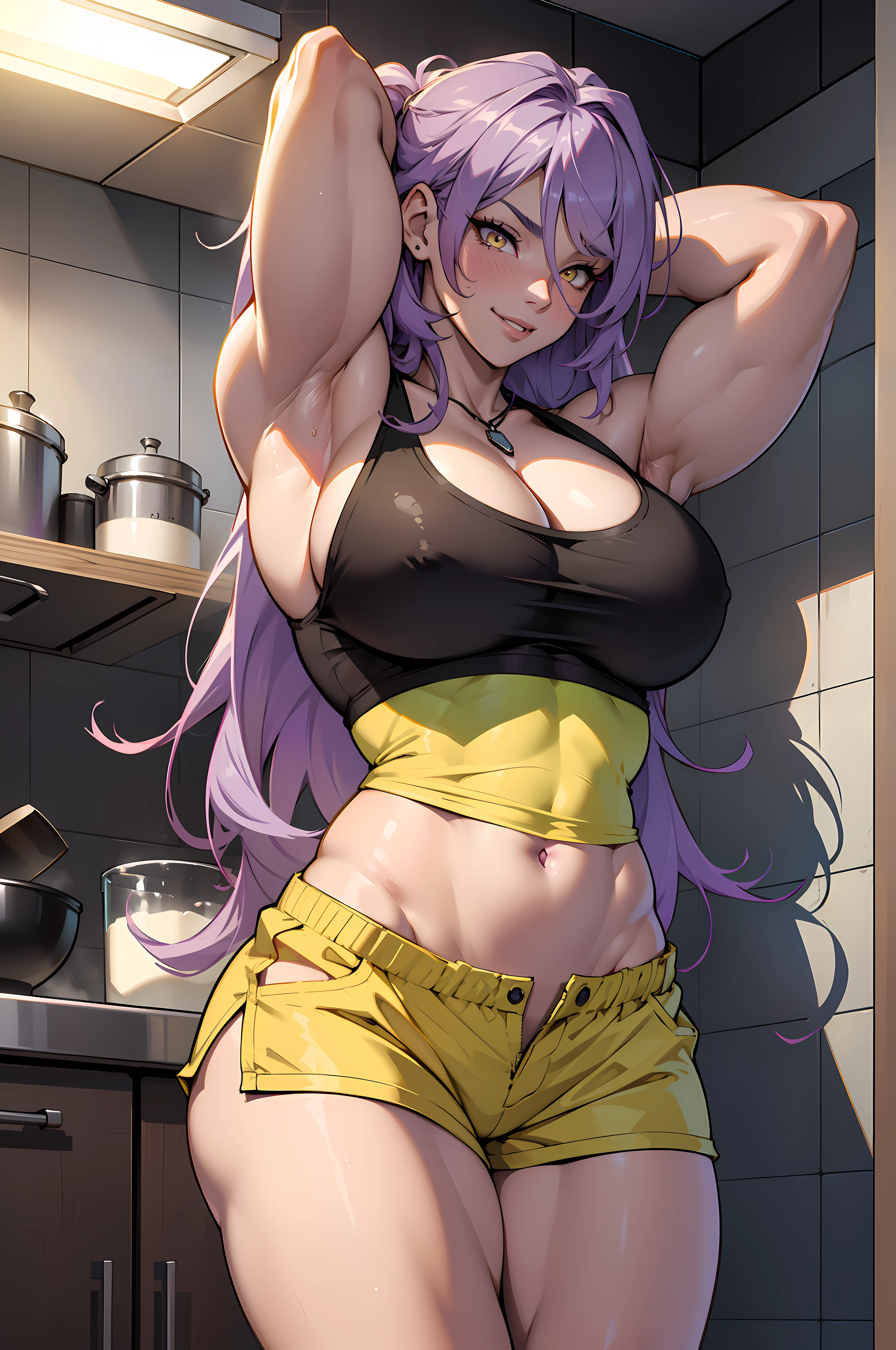 Perfect CG unity 8K UHD wallpaper(girl huge gigantic breasts cleavage showing bodybuilder very muscular very toned body, pale skin, long purple colored hair, vibrant glowing yellow eyes, long detailed eyelashes) smiling sexy seductive facial expression, blushing, thick thighs, standing in a dynamic pose, view from below, wearing tank top and shorts, in her kitchen, perfect masterpiece, best quality, best resolution