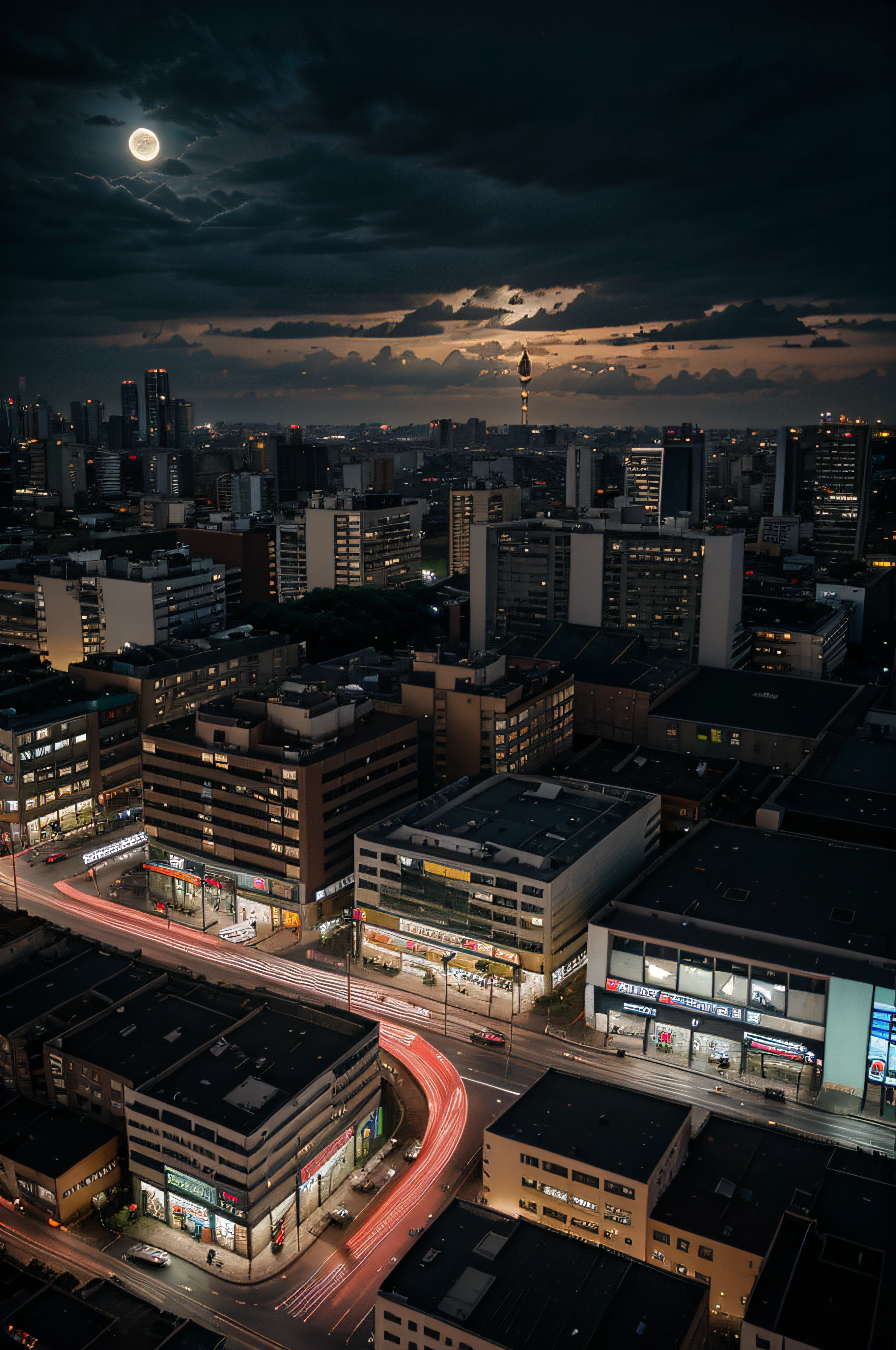 /imagine the digital painting of the city center of São Paulo at night, large urban center, Avenida de Paulista illuminated at night, scene seen from above, view from the window of a very tall building, view from the roof of a car building, HDR, 8K, cinematic lighting, neon light panels of various colors, car lights, dark skies, dark clouds and a bright moon overhead.