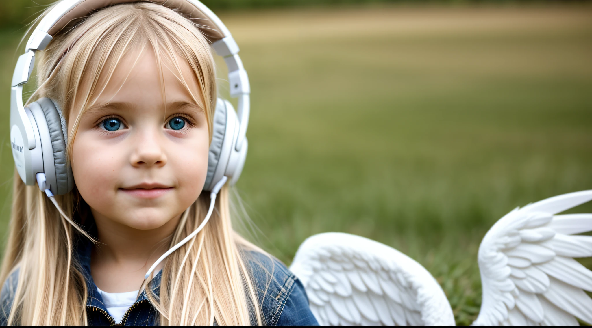 child girl , blonde long hair and headphones, wings of an angel
