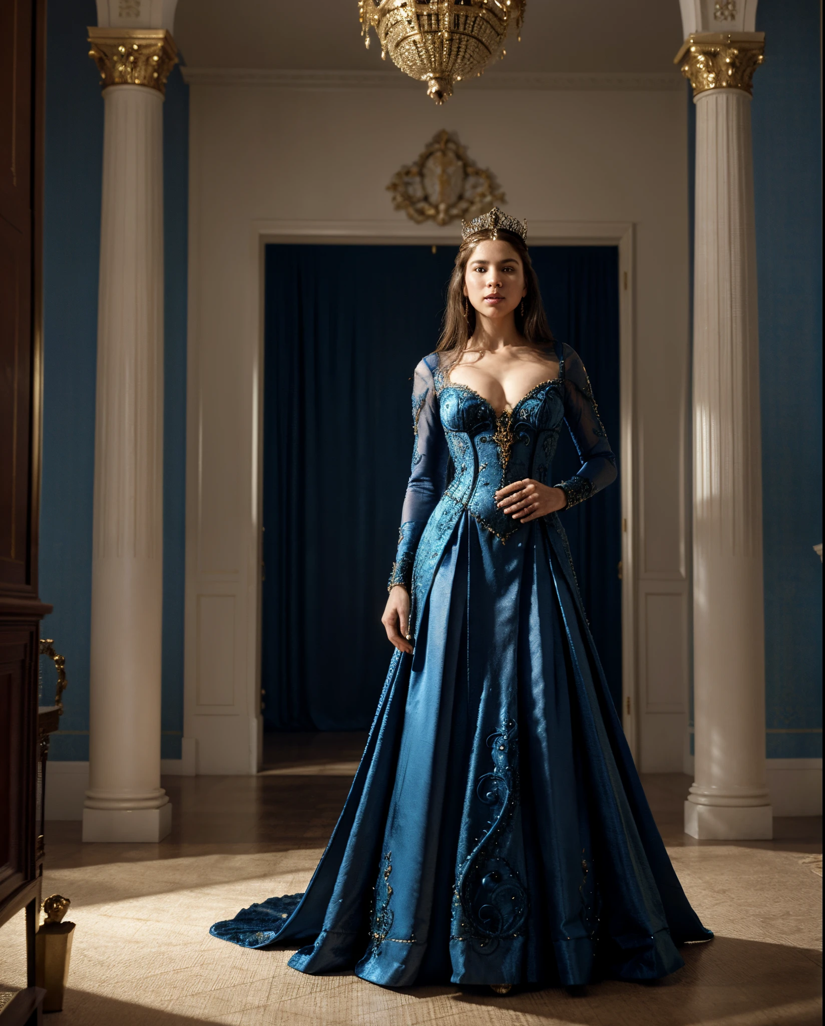 Araffe dressed in a blue suit standing in a room, fantasy long intricate gown, Rococo Queen, Regal Pose, Pose real elegante, fancy suit, ((a beautiful empress of fantasy)), Traje con detalles azules, Vestimenta ornamentada, Elegante pose de glamour, inspirado and Charles-André van Loo, Ornate and flowing tunic, a beautiful empress of fantasy, Inspirado en Las mil y una noches, UHD, 8K, latin woman