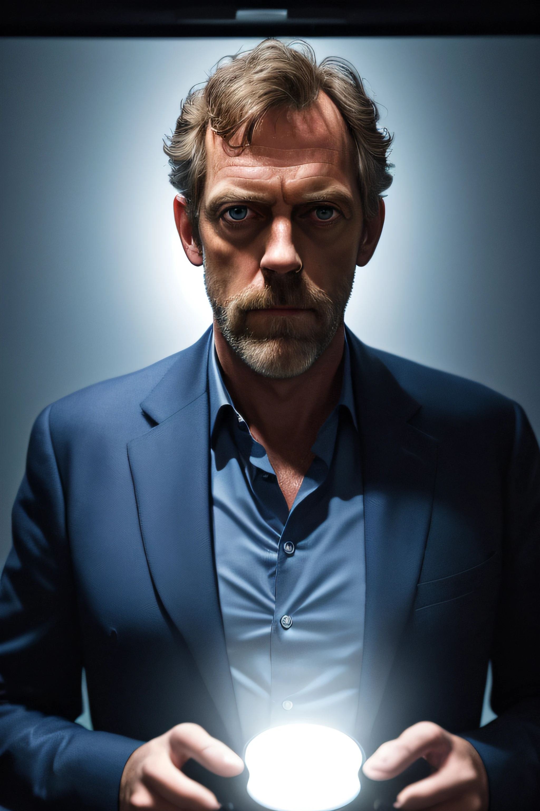 Portrait of an award-winning photo of Hugh Laurie posing in a dark studio, (Rim lighting,: 1.4) dual-tone lighting, foco nítido, Blue-oil hue, octanagem, irreal, mal iluminado, chave baixa, 4k fulhd