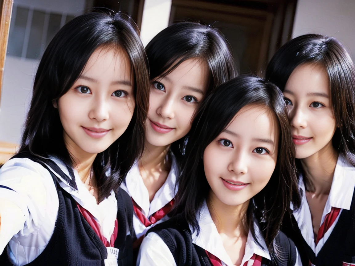 a picture、6+girl with、matching school uniform、Long black hair、huge tit、cute little、a 18 year old girl、a smile、selfee、Classroom、Raw photo、The same face、same person、lesbian、Women only
