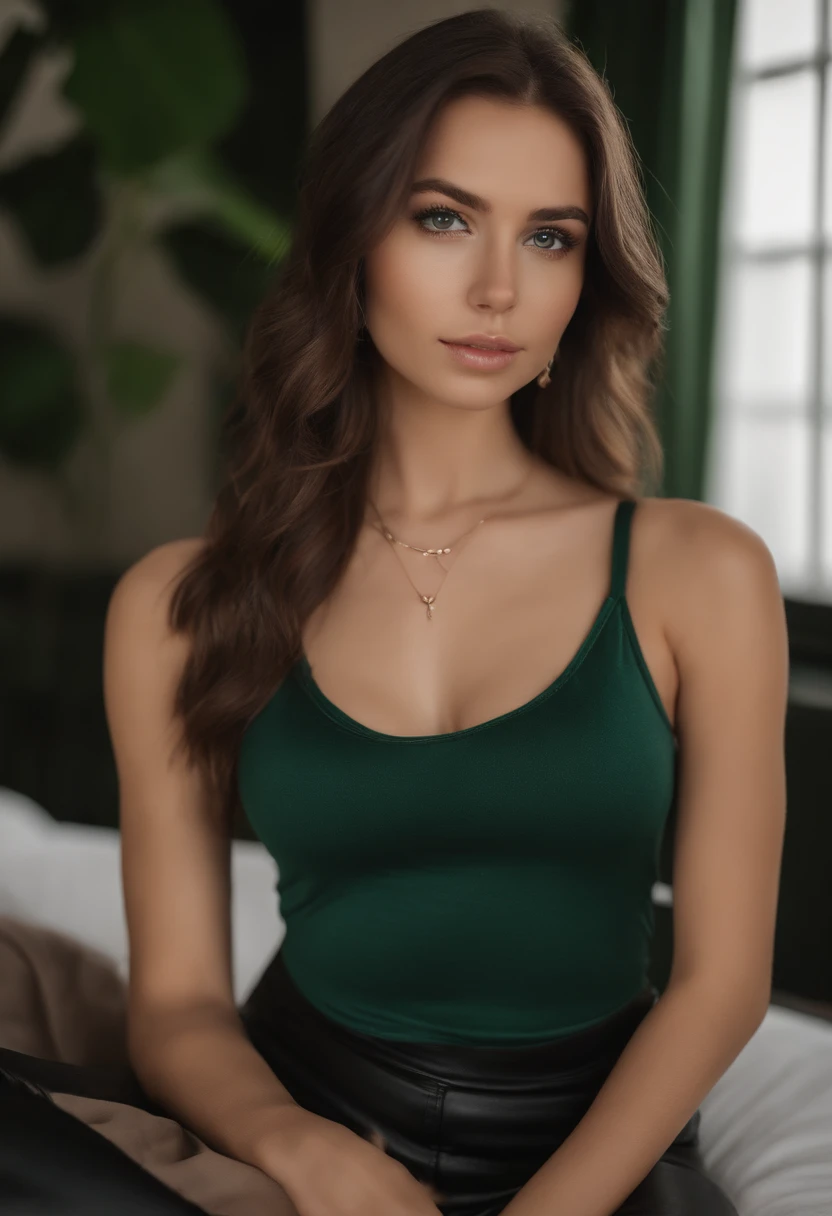 arafed woman with a white tank top and a necklace, sexy girl with green eyes, portrait sophie mudd, brown hair and large eyes, selfie of a young woman, bedroom eyes, violet myers, without makeup, natural makeup, looking directly at the camera, face with artgram, subtle makeup, stunning full body shot, piercing green eyes, beautiful angle, attractive pose, cute girl, sexy pose, full body picture, full body, full body shoot, brunette goddess, high detail, satisfied pose, leather pants