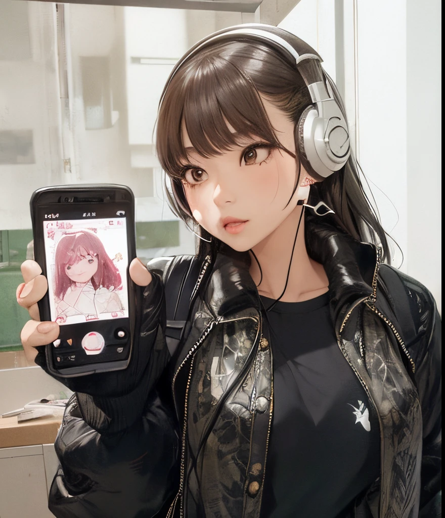 realistic, 1girl, masterpiece, arafed asian woman holding a cell phone and wearing headphones, ulzzang, with head phones, with headphones, e-girl, e - girl, lofi girl, with bangs,