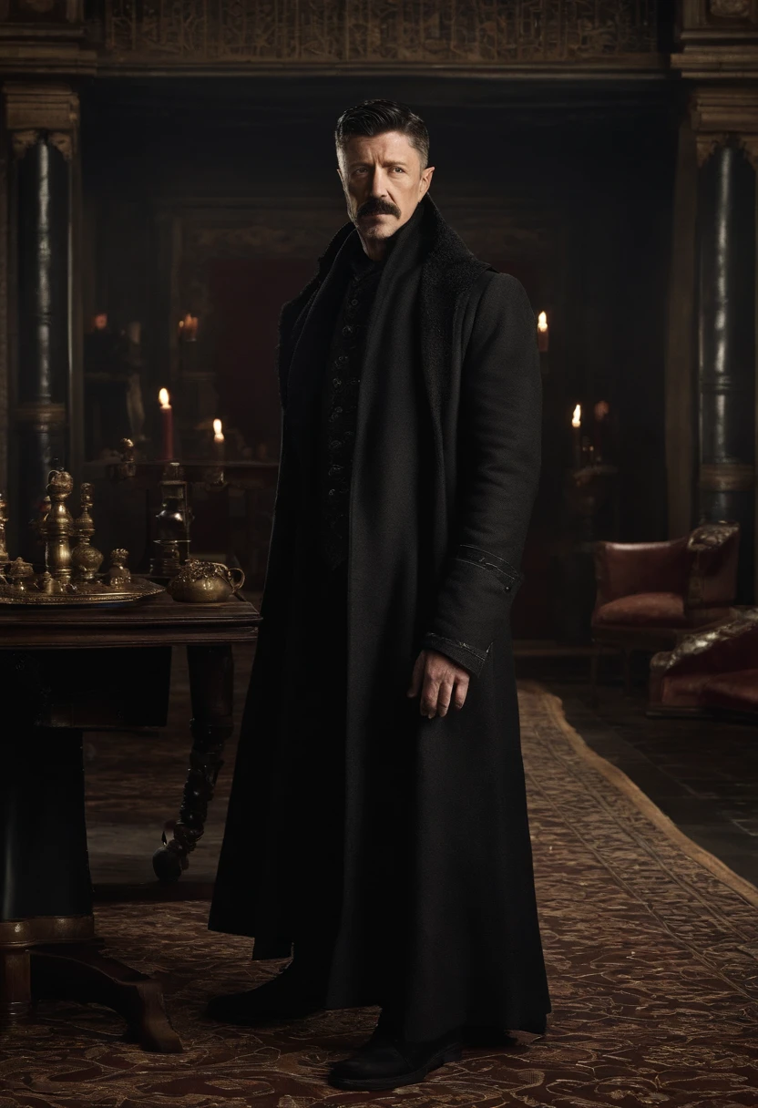 An intricate puzzle spread out on a table with pieces being rearranged,Game of Thrones,Petyr is tall and wears fine coats, with black hair streaked with grey, with a moustache and short goatee. Famously portrayed by Aidan Gillen