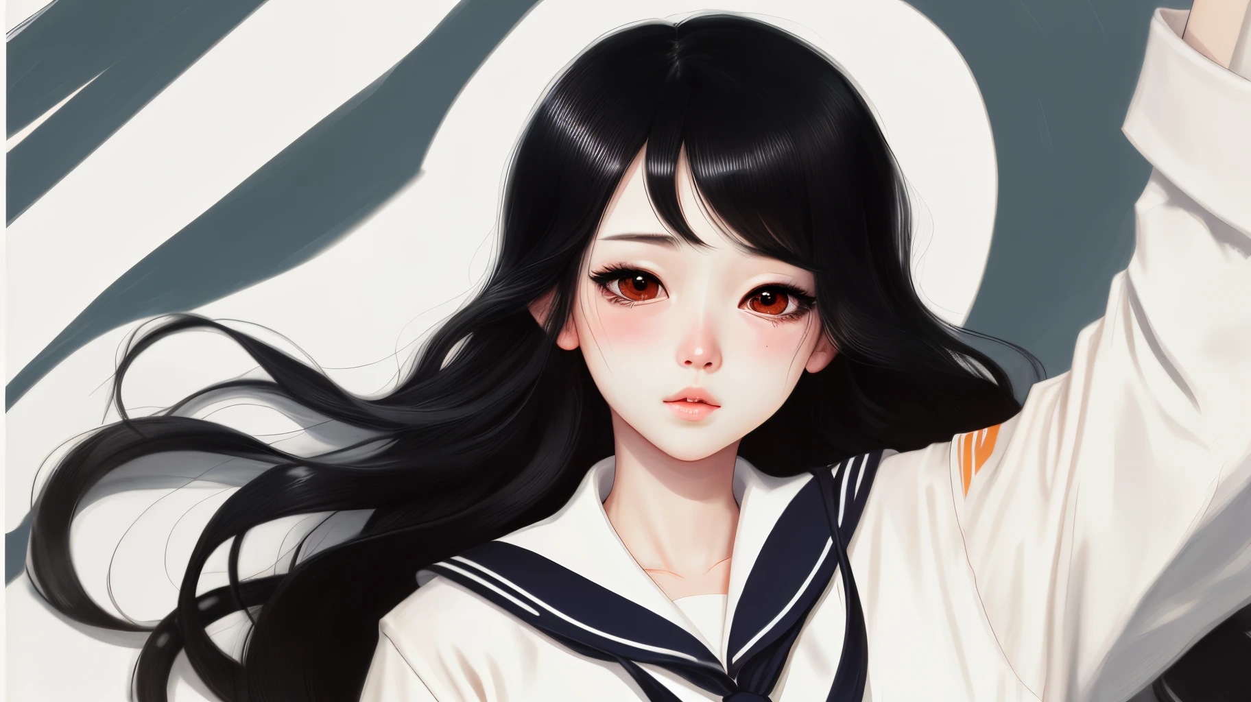 illustration, long black hair, droopy eyes, white skin, sailor suit, cute, black hair