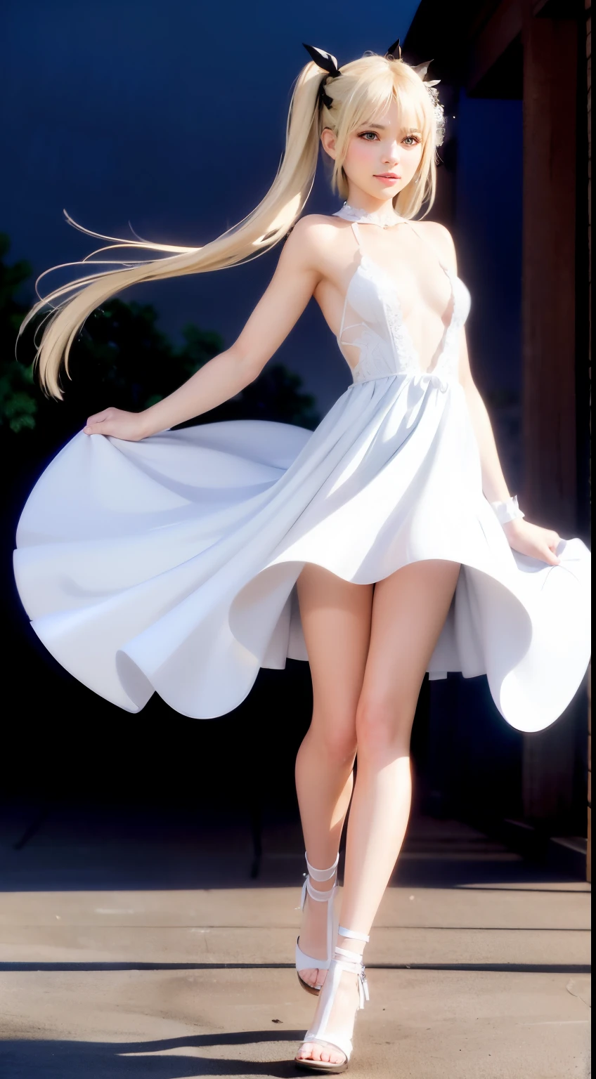 Adorable girl,((masterpiece, 8k, 16k, Best quality, high quality, ultra detailed eyes, Fine skin, ultra detailed face, High resolution, professional work, Perfect anatomy, Perfect body, Perfect hands anatomy, Perfect finger anatomy, oily skin, beautiful face, beautiful eyes, lipgloss)), blonde twintails, blue eyes, (slim body, big tits), standing, outstreached arms, sweet smile, focus full body, wearing a white night dress, Sexy dress,