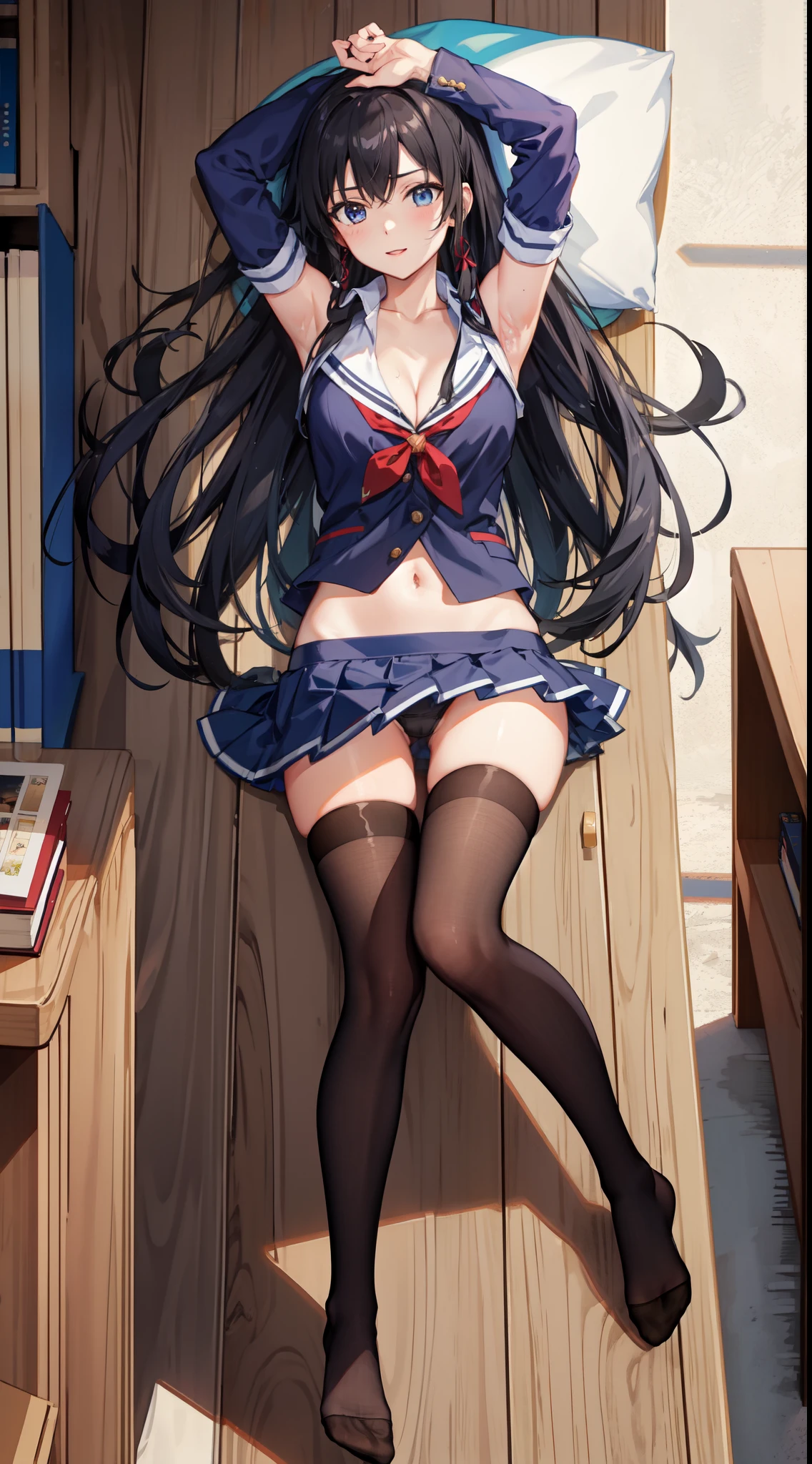 ((top-quality、8K,masterpiece:1.3, masutepiece))、Yukinoshita Yukino, Long hair, cleavage, Navel, Slim legs, Black hair, Blue eyes, Short skirt, Thigh high socks, , Happy, School uniform, Library, leaning, panties on、Sexy armpits, Hands behind your head, Armpit
