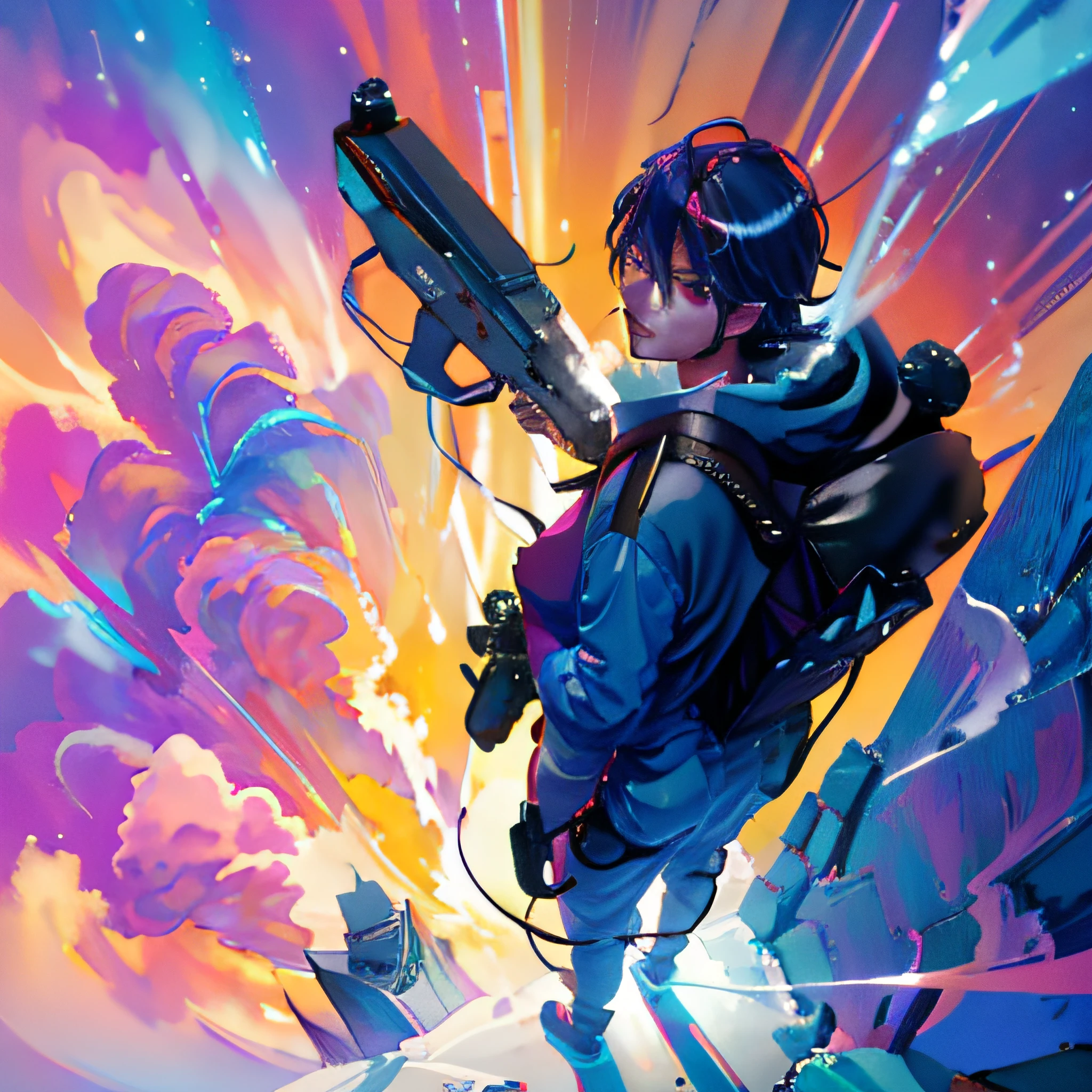 shooting smoke, anime style, camera top view perspective, man shooting upwards different colored powders smoke blue red purple yellow from a gun attached to a backpack on his back. View from above, man looking upwards., sci fi.