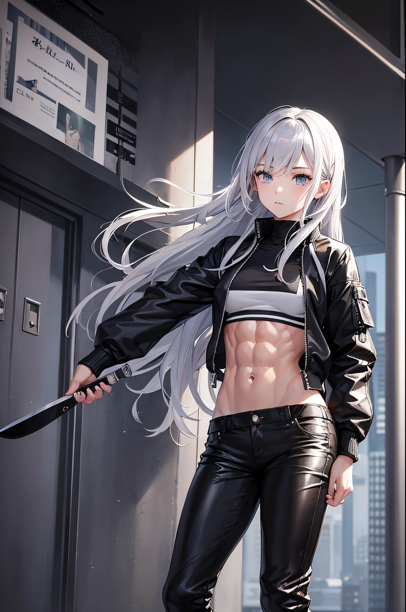 masterpiece, highest quality, 1girl, silver hair, middle hair, night city, (abs:1.3), (muscular:1.3), black Bomber jacket, holding black color knife