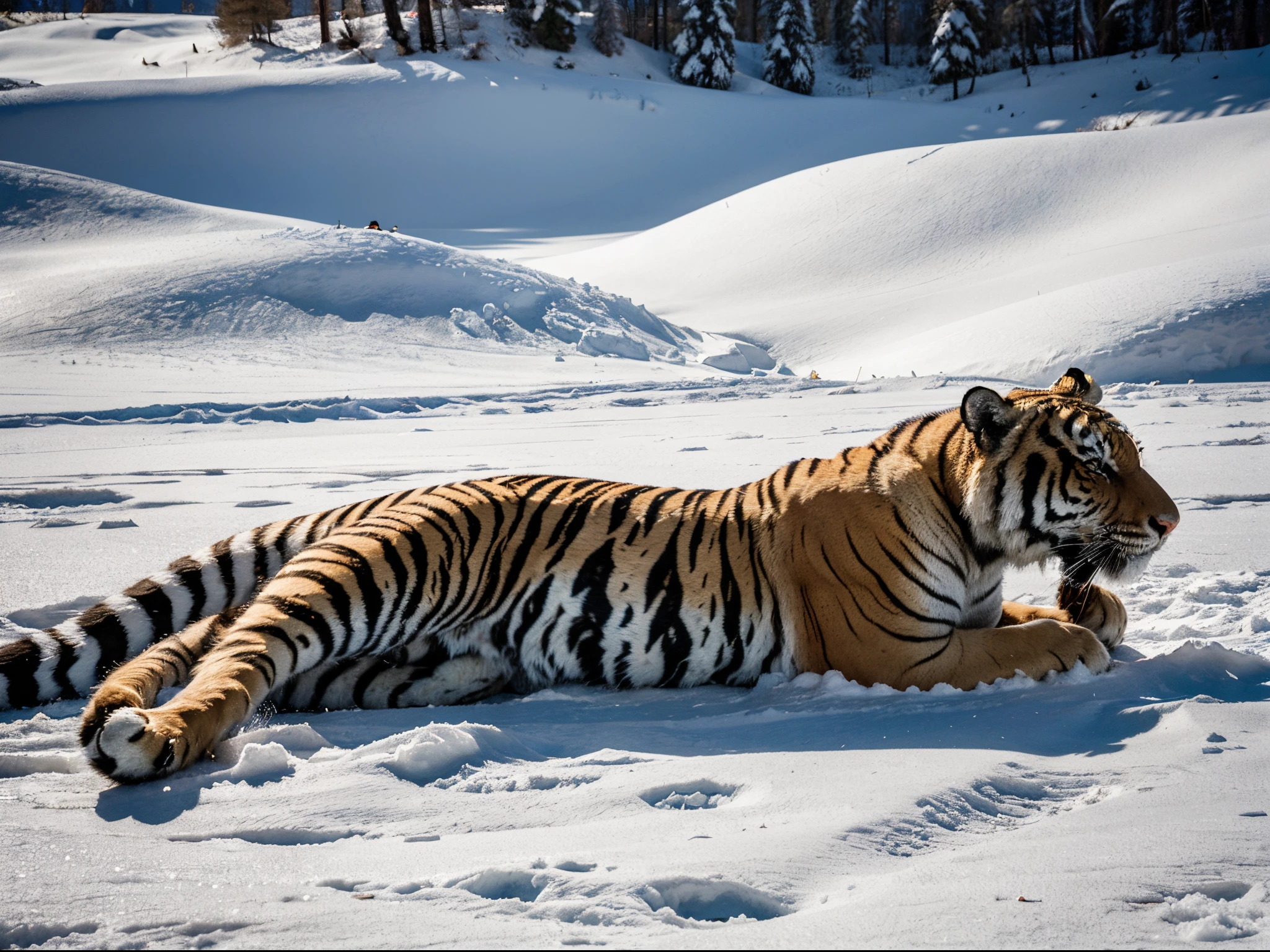 "Captivating image of a Siberian tiger lying gracefully on a snow-covered mountain during the day. Beauty and grandeur of the tiger, highlighting its dense, striped coat, contrasting with the icy scenery around it. Detail the features of the environment, including the texture of the snow, the mountainous landscape and natural elements that complement the majesty of the tiger. Explore the natural lighting of the day, highlighting nuances of shadow and brightness that highlight the elegance of the tiger in the midst of this cold and pristine environment. Unique visual representation that captures the serenity of the Siberian tiger in its natural habitat, providing an immersive and visually impactful image."
