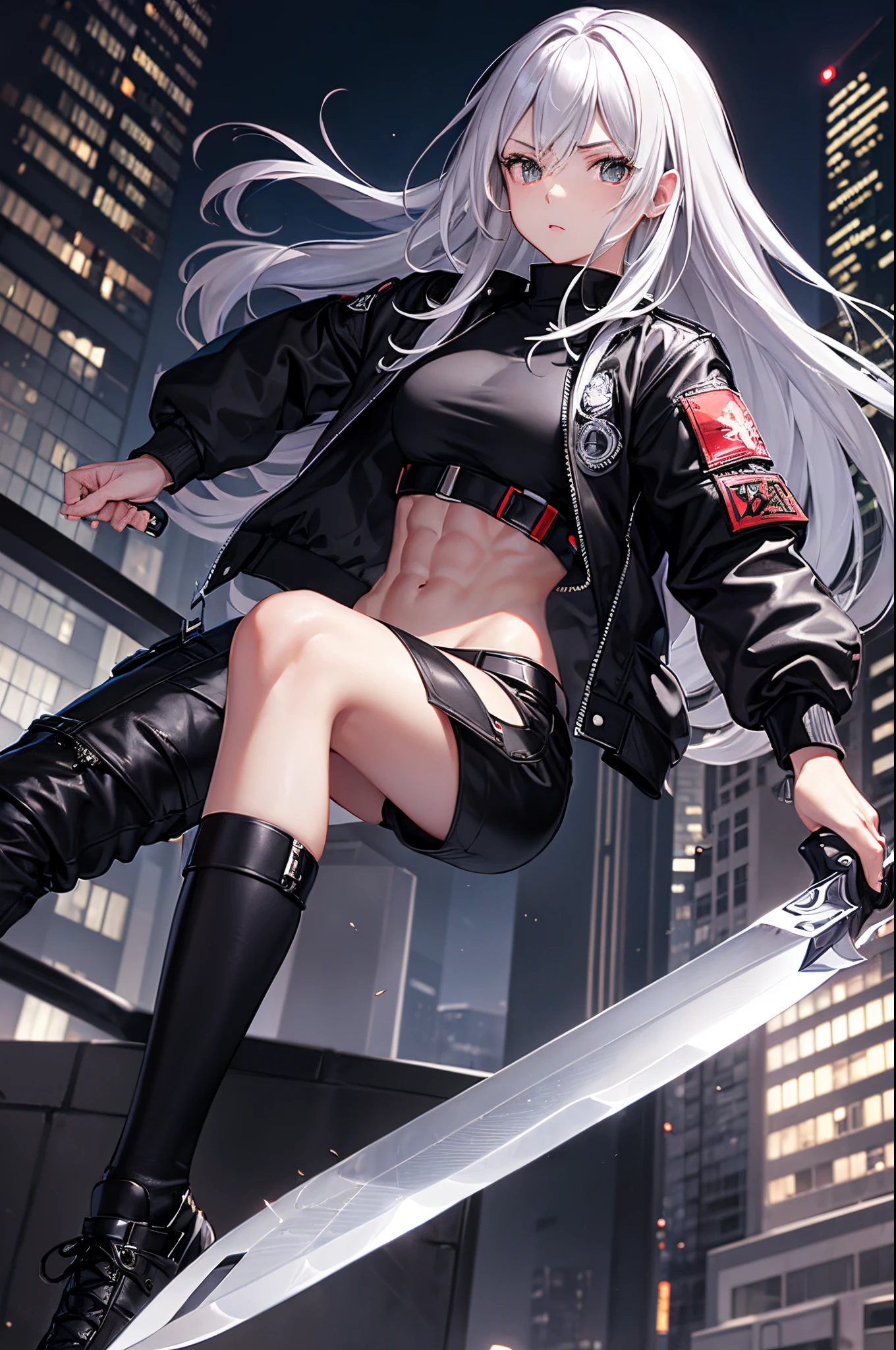 masterpiece, highest quality, 1girl, silver hair, middle hair, night city, (abs:1.3), (muscular:1.3), black Bomber jacket, black color knife, combat scene