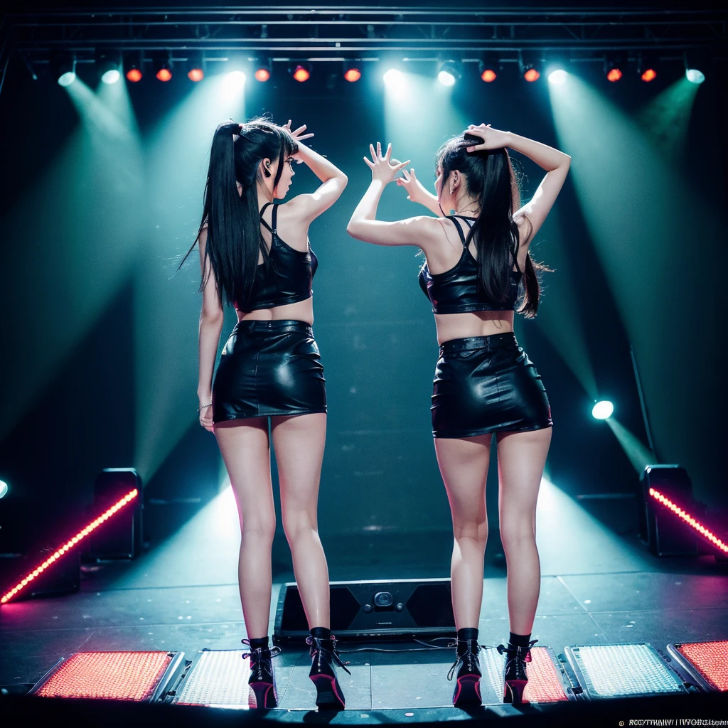 K-pop idols performing on stage, back view from down, black short tight dresses, song performance, Kpop girl group, riotous atmosphere, stage above the hall, (best quality, 8k, 16k, highres, masterpiece:1.2), ultra-detailed, (realistic, photorealistic, photo-realistic:1.37), professional, (music:1.1, performance:1.1), dynamic lighting, (moving lights:1.1, spotlights:1.1), energetic performance, powerful vocals, enthusiastic audience, dazzling stage effects, high-energy atmosphere, (excitement, adrenaline:1.1), charismatic lead vocalist, flawless stage presence, passionate performance, vibrant stage background, (cheering audience:1.1, waving light sticks:1.1), electrifying atmosphere, captivating stage presence, (explosive, high-intensity:1.1), (pop music, catchy melodies:1.1), crowd interaction, (empowering lyrics, motivational messages:1.1).