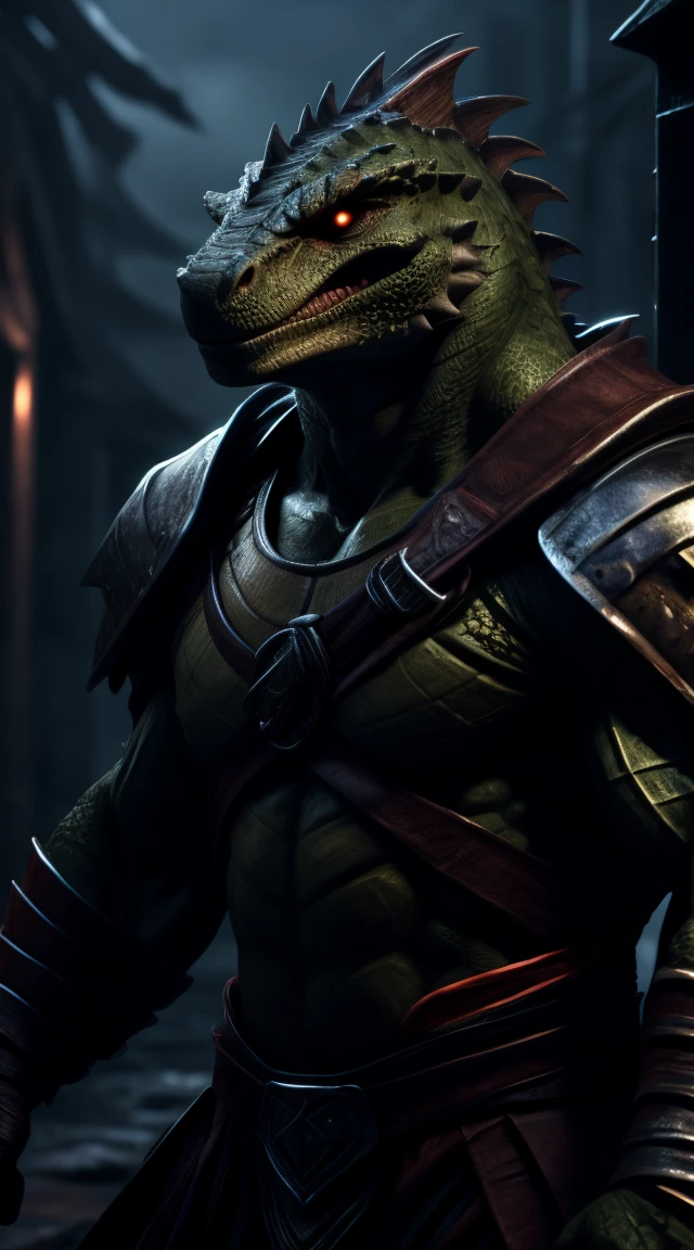 A lizard man, muscular, mighty warrior, illustration, (best quality, 4k, highres, masterpiece:1.2), ultra-detailed, realistic, horror, sharp focus, vivid colors, nighttime lighting, light armor, angry,