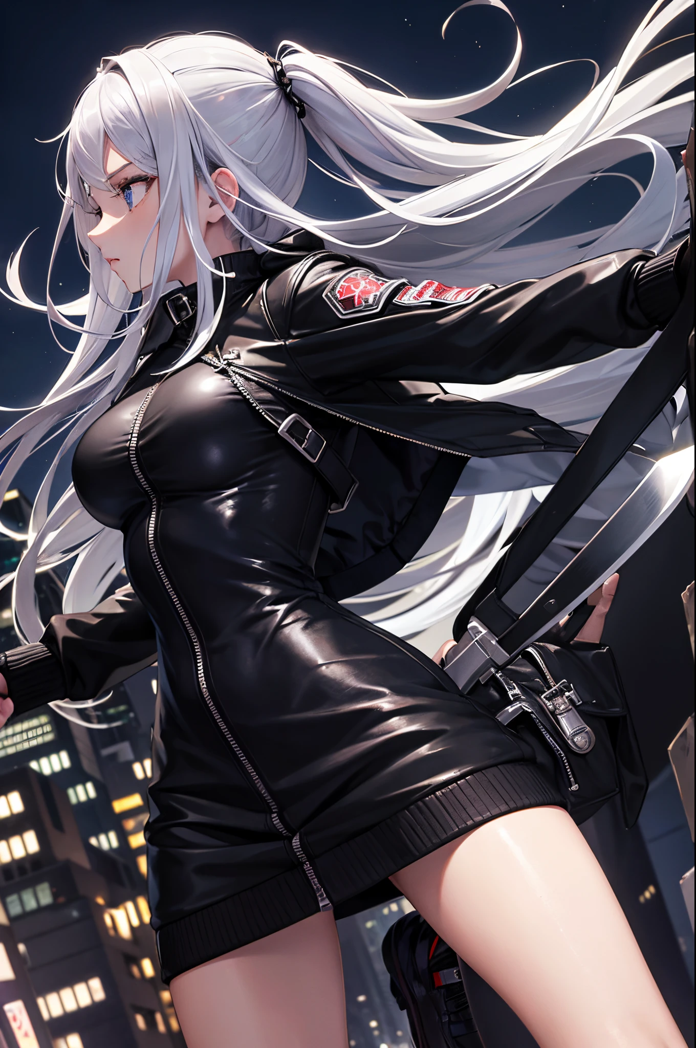 Girl with gray wolf ears,Long hair dull gray,grey wolf tail,Black trench coat,Black leather shorts,There is a scar on the right eye,Smooth thighs,There are pronounced black crystals on the skin,Black boots,There are sharp teeth in the mouth,Laugh with your teeth,Laughing maniacally,Bare teeth with gray katana,Full body photo of the front,There are two black hairpins on the hair,Sick girl,Sick