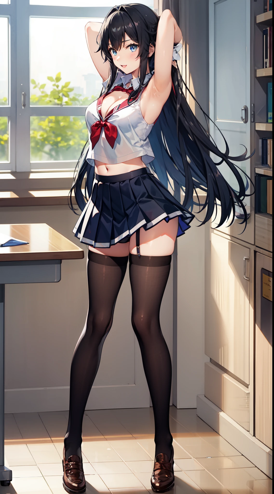 nsfw,alone, (One girl), ,8-year-old, (Lower bod n)、 se  ((Put your arms behind your head)),  (wearing only the top half of sailor school uniform)、classroom, With a girl：Her hair is long and black, Her face is round and cute, Black Hair,Low twin tails, , (Are standing),(Shy, Embarrassing),(((pussy,Female organ,Pussy))),((from below)),((pussy juice)),