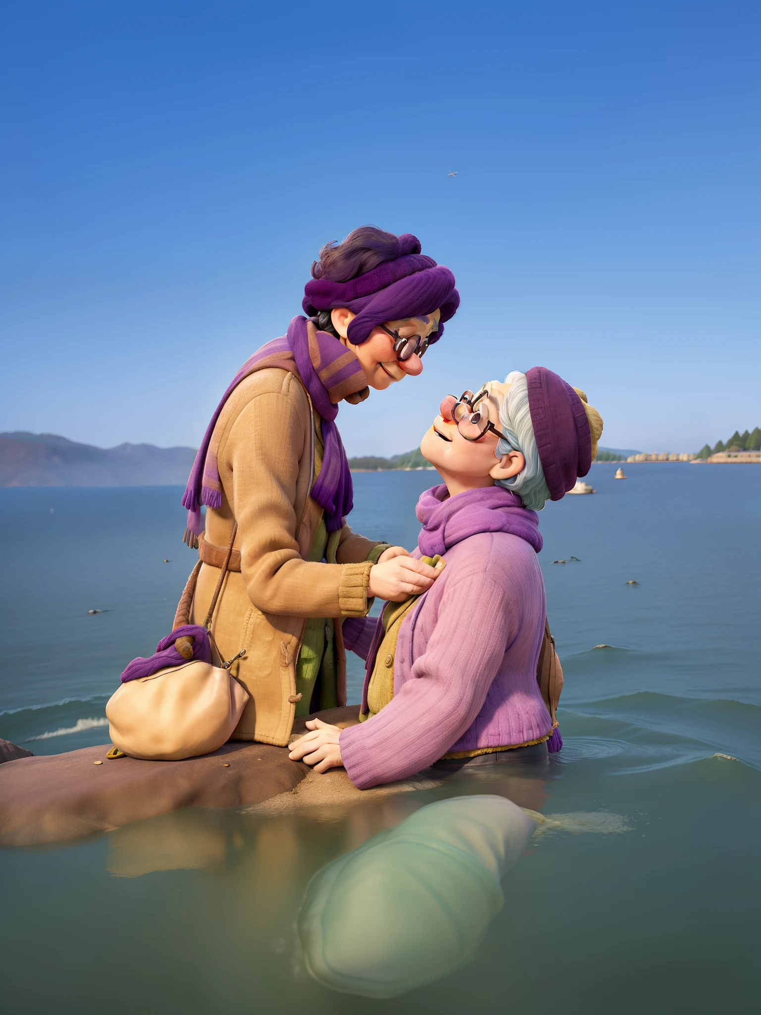 masterpiece, best quality, an old woman with glasses and a scarf on, wearing a purple coat and green scarf, standing at the park