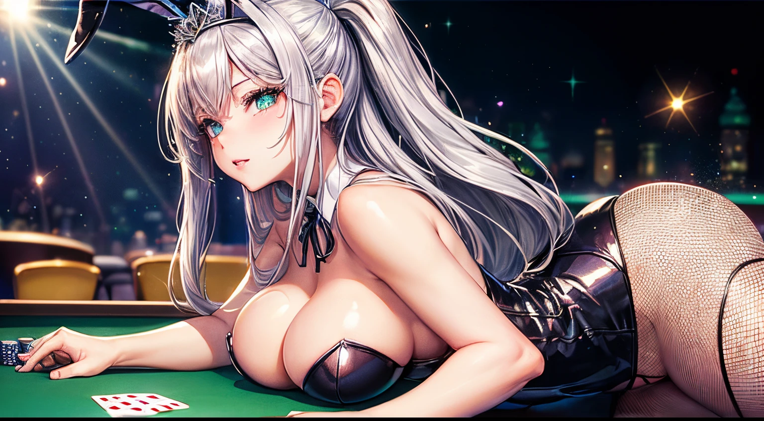 ((worst quality, low-quality)), profile, Taken from the side, ((a closeup)), facefocus, Rabbit eared girl, Solo, ((Green Playboy Bunny)), slender, ((Large breasts)), ((Long silver hair)), Hair over one eye, plump shiny lips, Beautiful clear eyes, (blue eyess, kirakira), Spoken Heart, (She wears a detailed and beautiful tiara on her head), (fishnet tights), embarrassed, (light Particle, light glow, llight rays:1.4), (lie face down on a desk in a casino), ( Casino background, Falling playing cards:1.3), high-angle shot, Casino, Best Quality,ultra-detailliert, masterpiece,