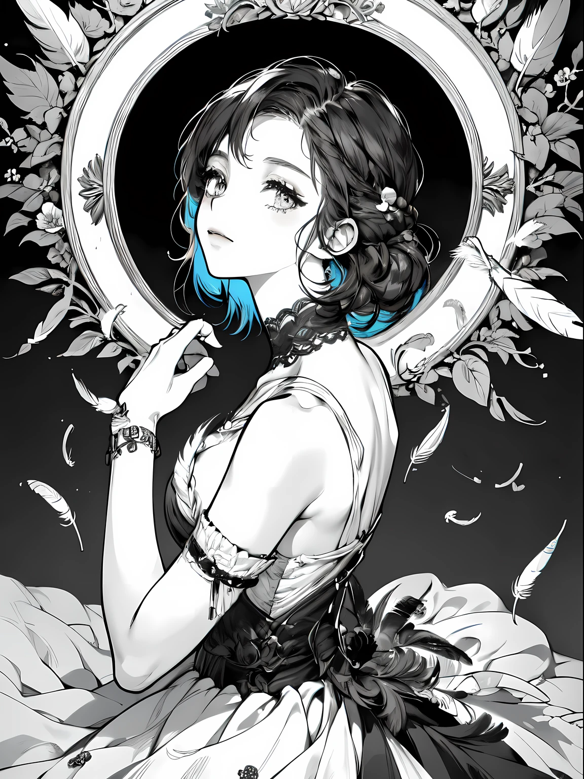 (masterpiece, top quality, best quality, official art, beautiful and aesthetic:1.2), (1girl:1.3), extremely detailed,(fractal art:1.1),(colorful:1.1)(flowers:1.3),highest detailed,(zentangle:1.2), (dynamic pose), (abstract background:1.3), (shiny skin), (many colors:1.4), (feathers:1.5), nsfw:1.5, cyber sttyle girl, 1girl, solo, short hair, in nightclub ,bar, bare shoulders, BREAK, rainbow hair,long hair, breasts out:2,portrait, (from above:1.2), medium breasts, beautiful breasts, monochrome, greyscale, midjourney, dancing pose