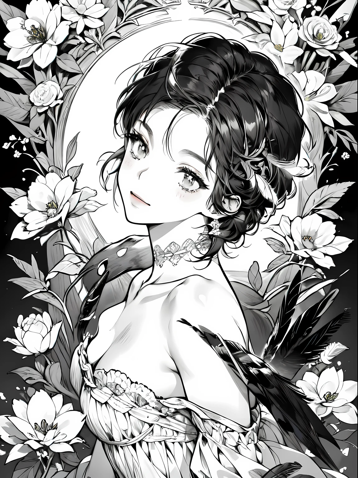 As a coloring book, white and black color, borders should be simple, clear, distinct, and thick lines, By Cartoon picture book of a beautiful Asian girl with short brown hair, A girl traditional ink body art style, (Use simple lines to outline a woman’s graceful figure), Take a step back, undulating lines, Thick and thin lines, line art, Black and white painting, character drawing, line art, lyrical abstraction