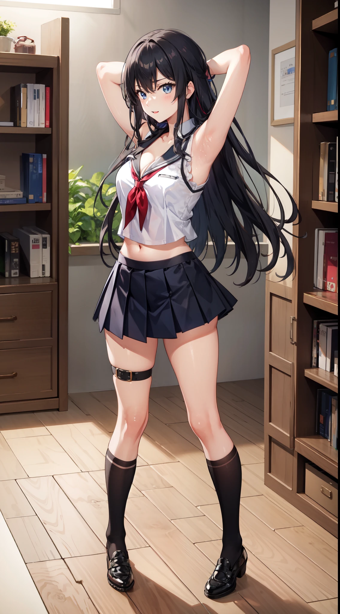 ((top-quality、8K,​masterpiece:1.3, masutepiece))、Yukinoshita Yukino, Long hair, cleavage, Navel, Slim legs, Black hair, Blue eyes, (Short skirt, Thigh high socks), fullllbody, Teen, Happy, School uniform, Library, leaning、Sexy armpits, Hands behind your head, Armpit, sexy panties