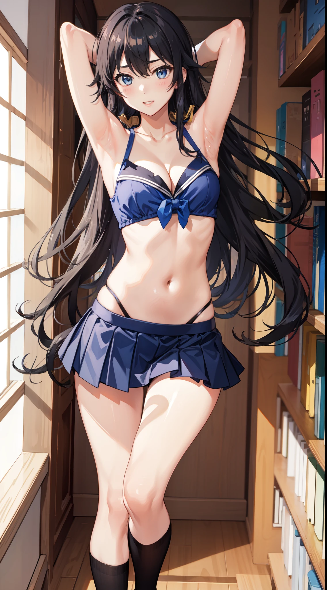 ((top-quality、8K,masterpiece:1.3, masutepiece))、Yukinoshita Yukino, Long hair, cleavage, Navel, Slim legs, Black hair, Blue eyes, (Short skirt, Thigh high socks), fullllbody, Teen, Happy, School uniform, Library, leaning、Sexy armpits, Hands behind your head, Armpit, sexy panties