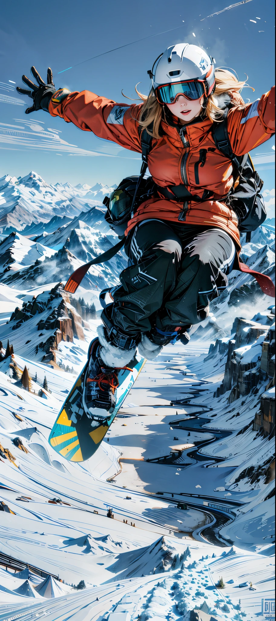 Woman snowboarding in a valley in the Rocky Mountains