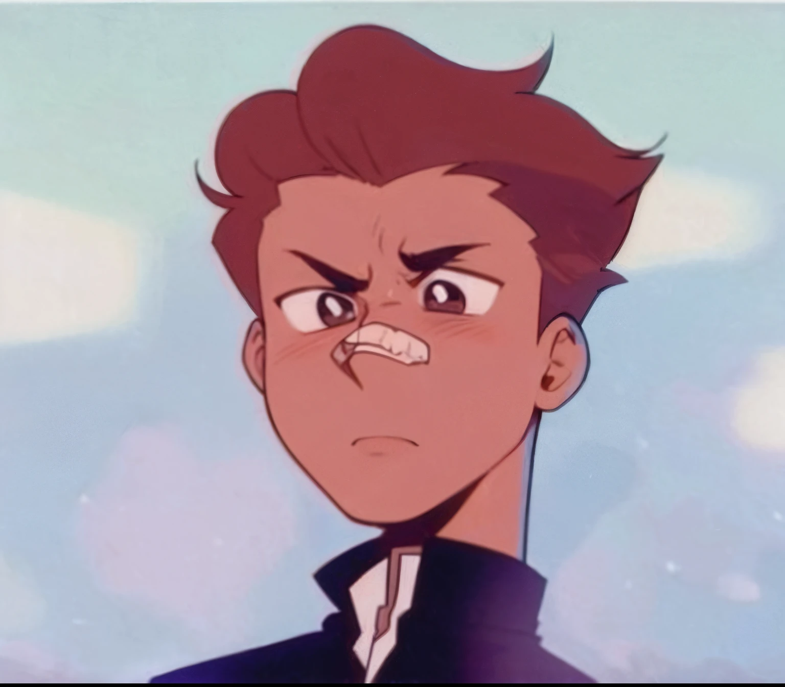 Light brown boy with angry anime expression and half a carton of clothes