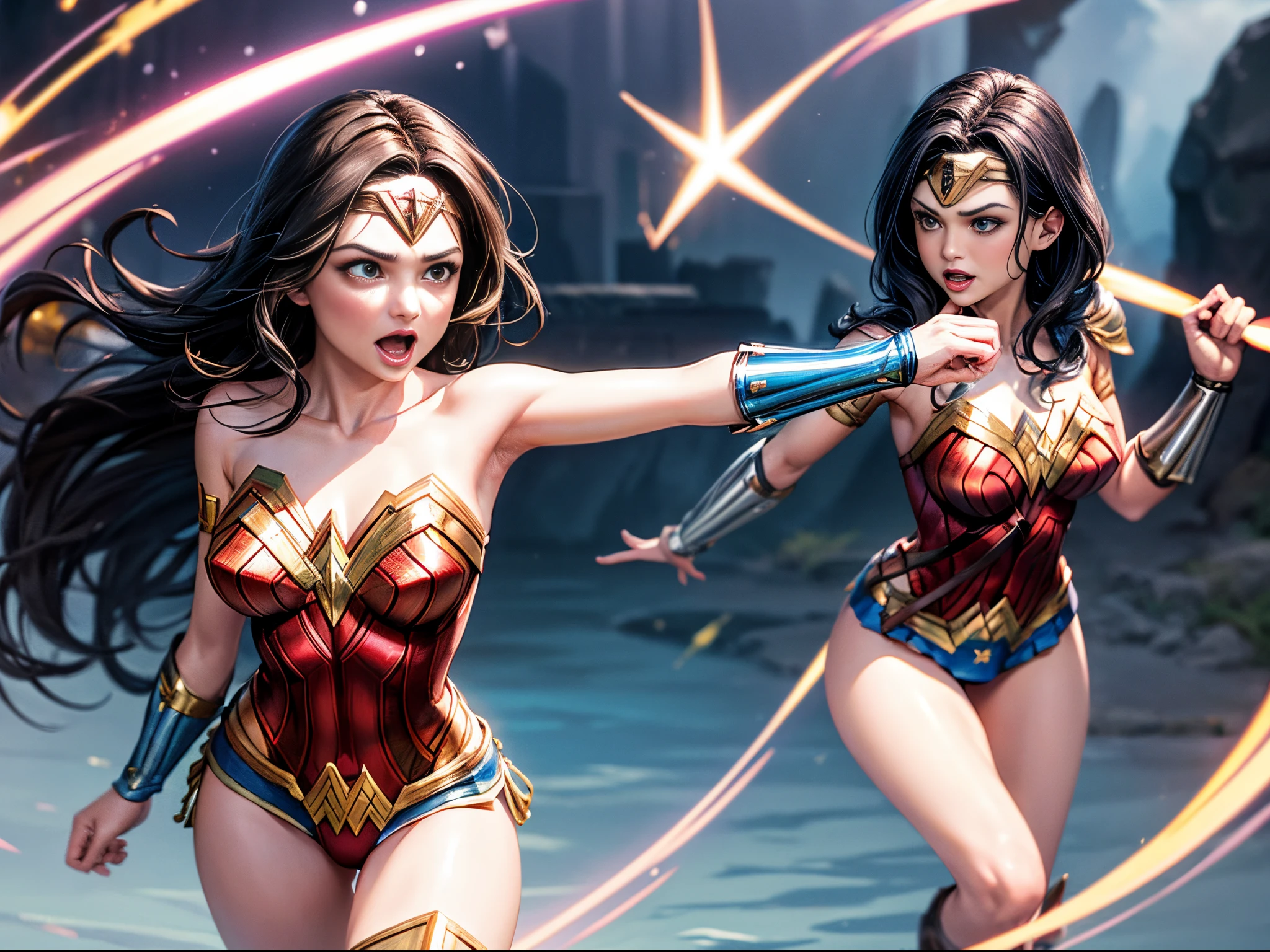 Infuse a humorous touch by portraying Wonder Woman caught in comical situations as she navigates the complexities of parallel universes, creating a lighthearted and amusing composition.