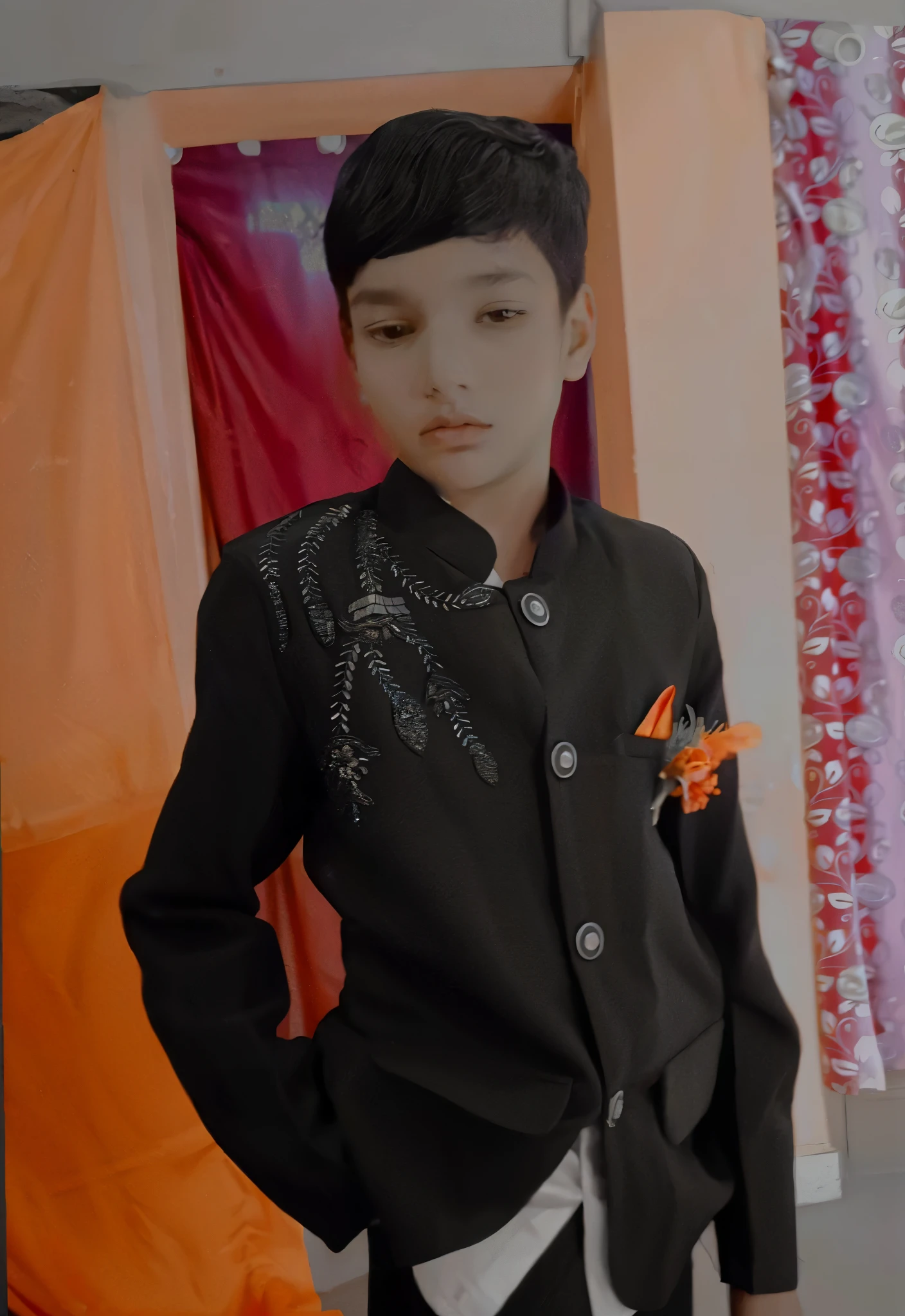 there is a young boy in a black jacket and orange tie, delicate androgynous prince, androgyny, beautiful androgynous prince, wearing a fancy black jacket, wearing a black noble suit, cai xukun, by Ingrida Kadaka, dressed in a jodhpuri suit, avant designer uniform, black and orange coat, smooth in _ the background