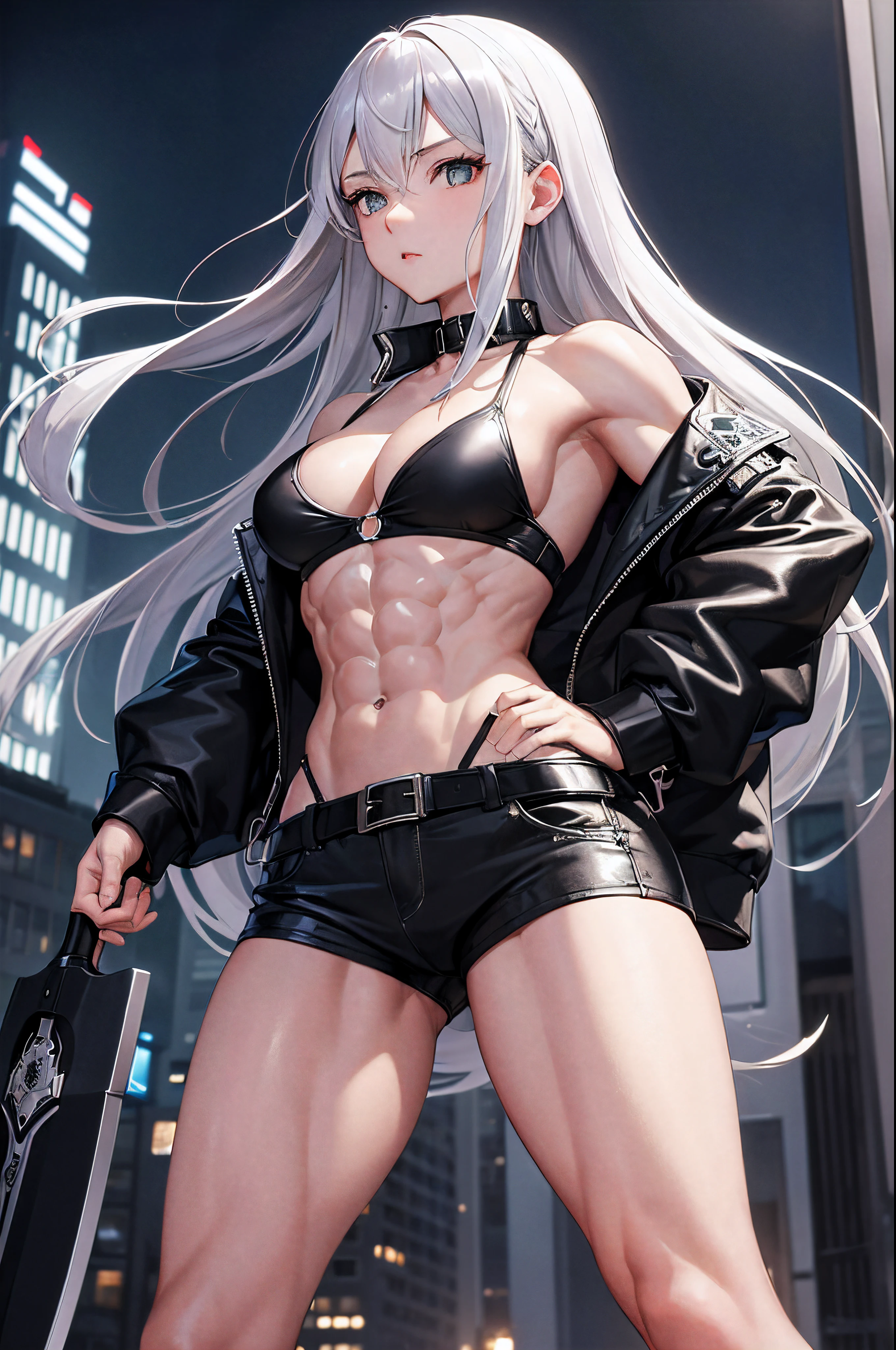 masterpiece, highest quality, 1girl, silver hair, middle hair, night city, (abs:1.3), (muscular:1.3), black Bomber jacket, holding black color knife