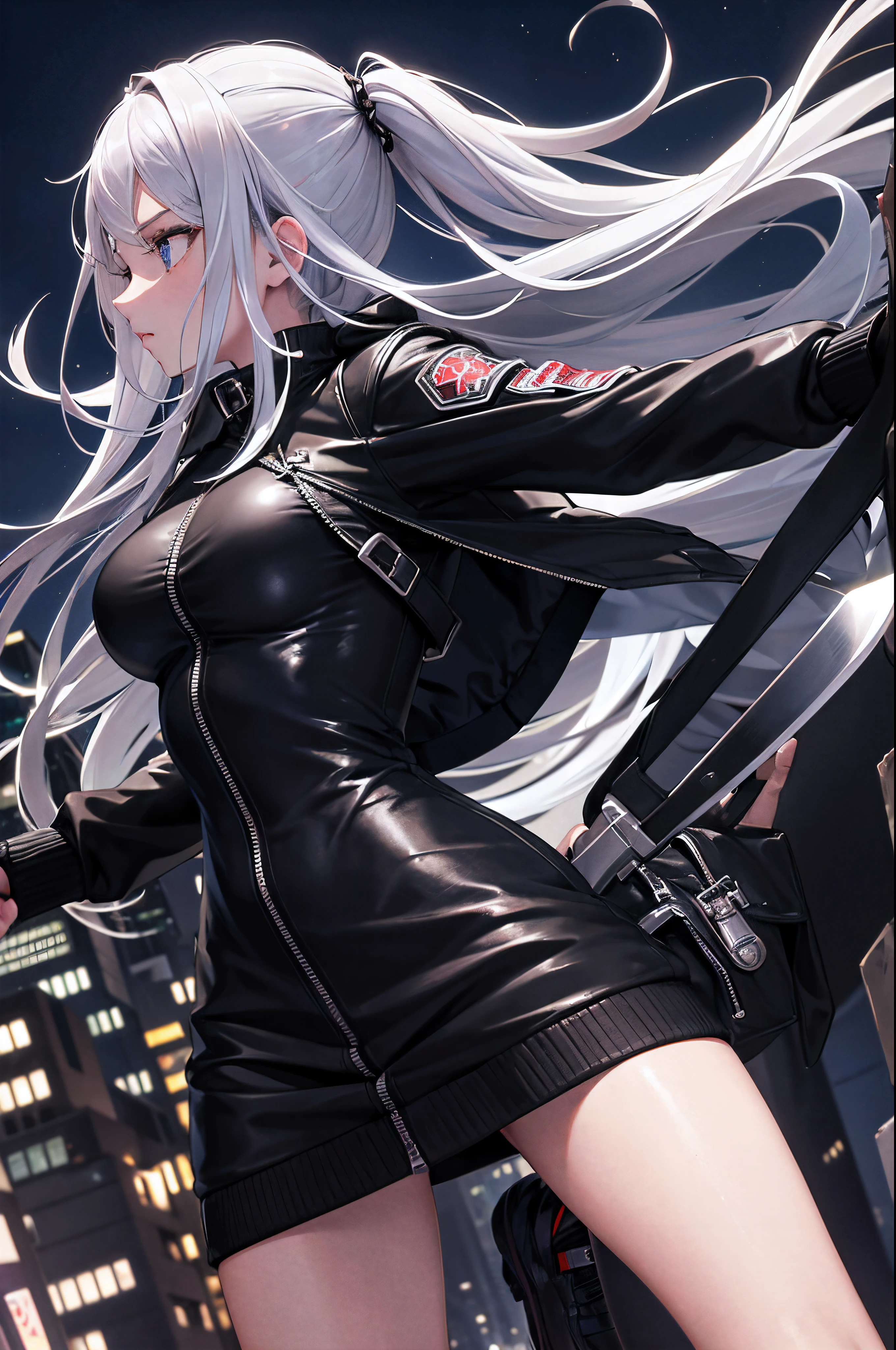 masterpiece, highest quality, 1girl, silver hair, middle hair, night city, (muscular:1.3), black Bomber jacket, holding black color knife, combat scene